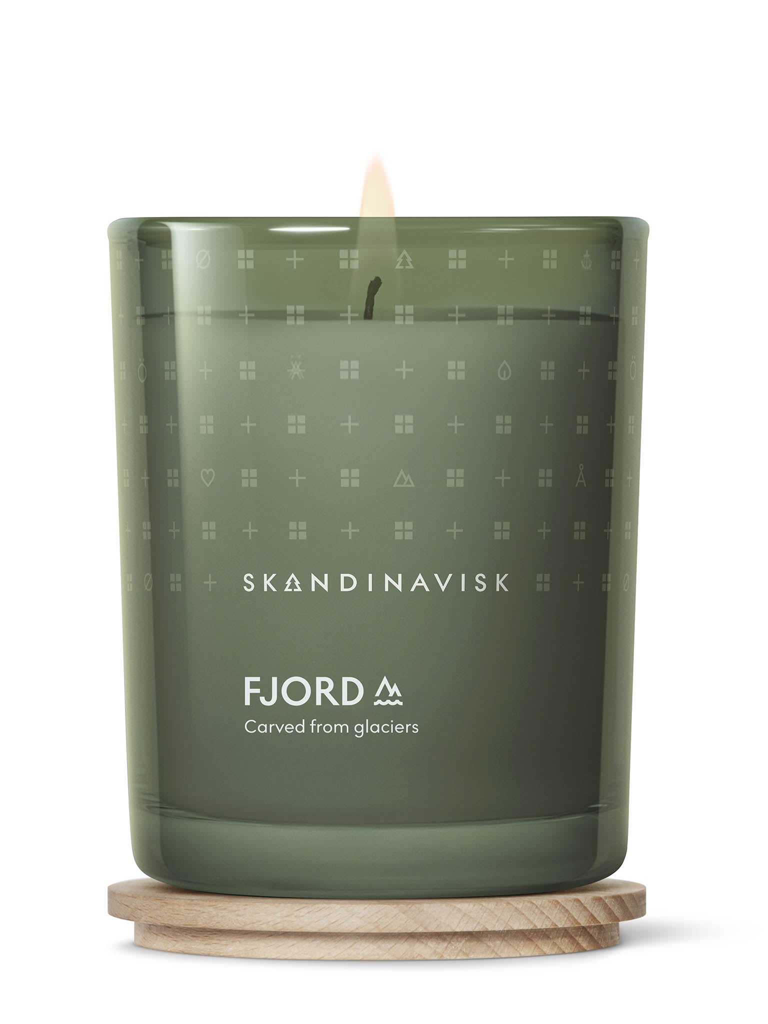 Grønt duftlys i glasskrukke med flamme og trebase; SKANDINAVISK, FJORD-motiv