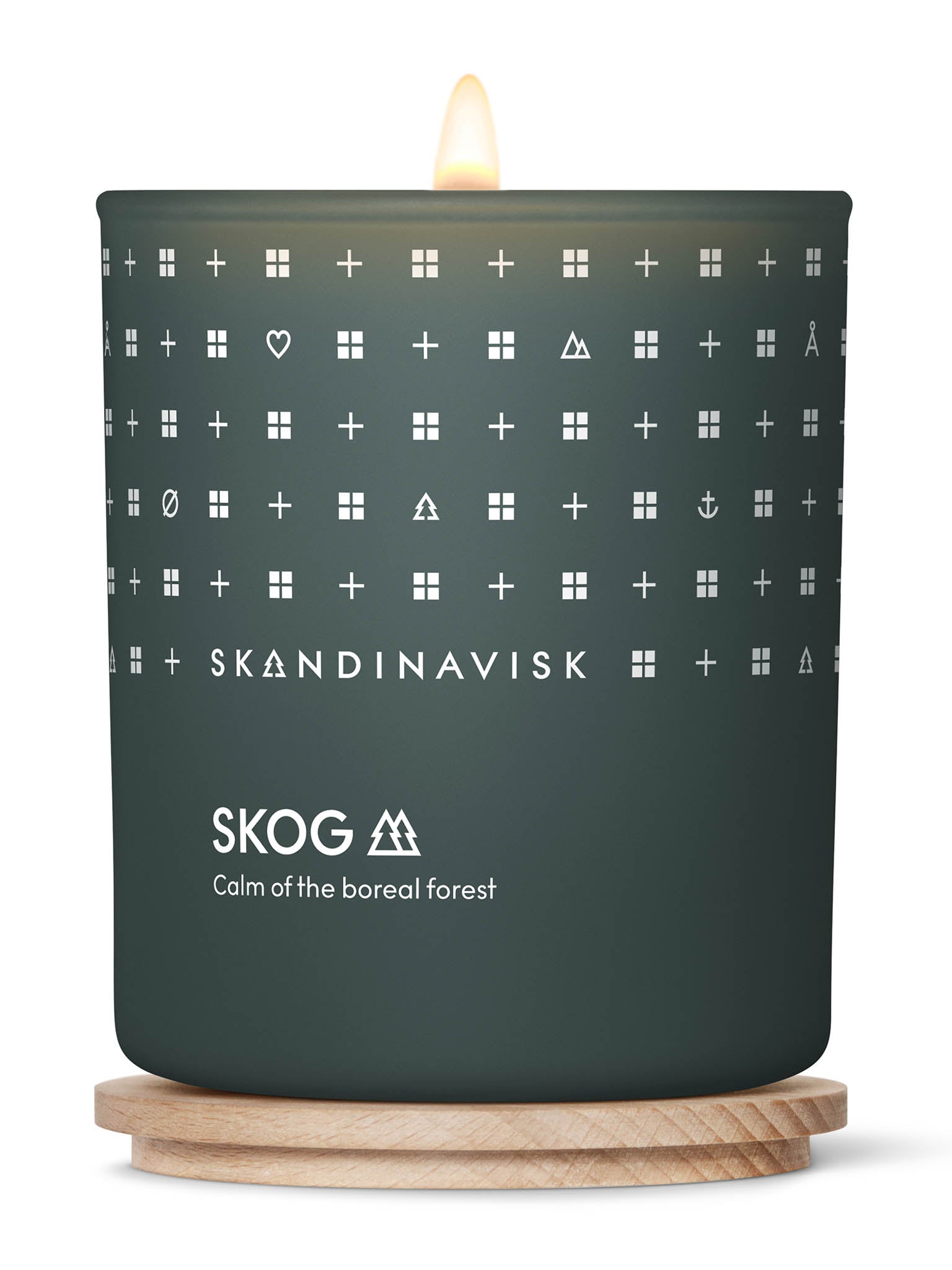Duftlys SKOG mørkegrønn beholder med flamme og hvitt symbolmønster