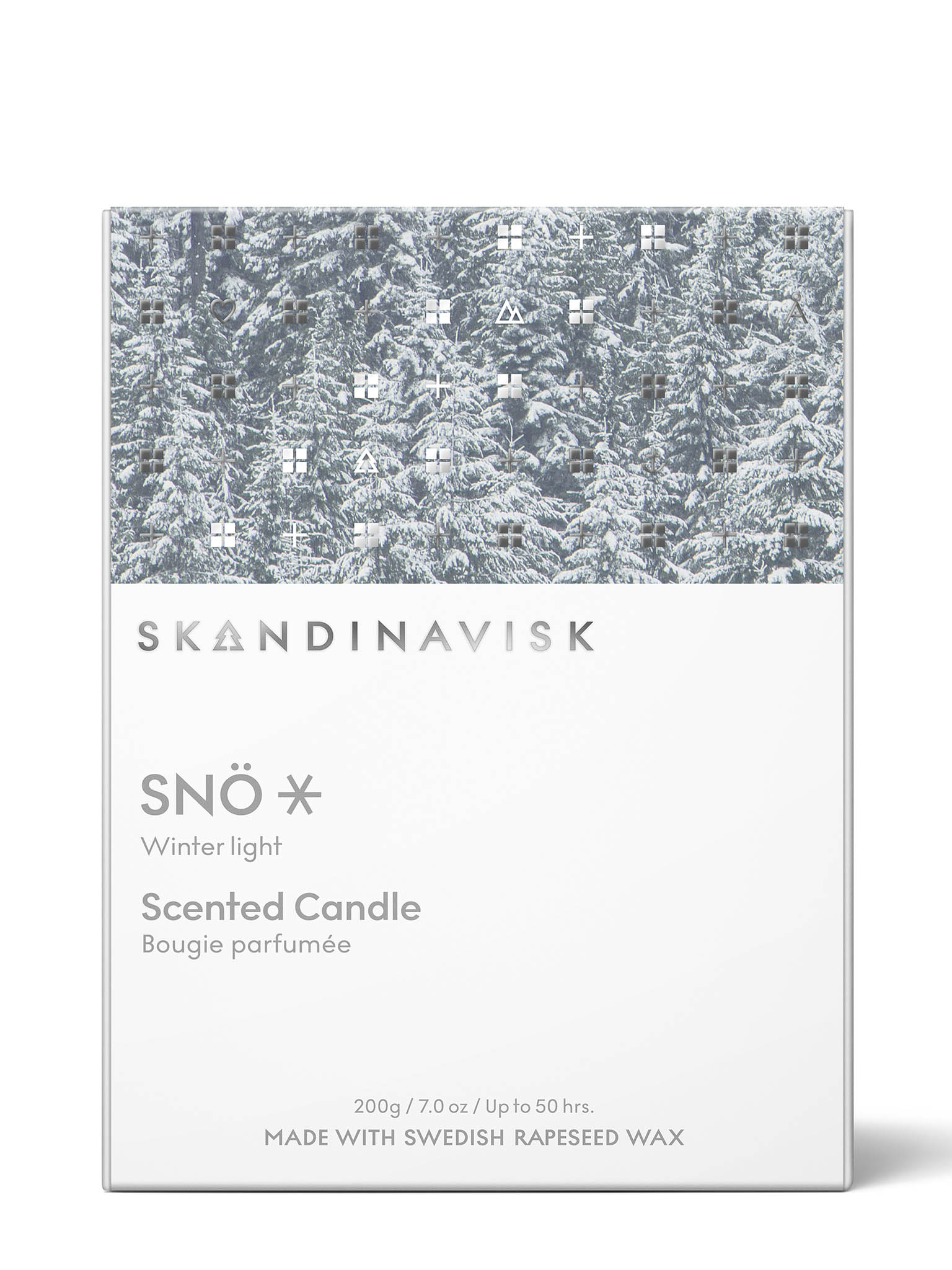 SNÖ duftlys-emballasje med snølandskap, SKANDINAVISK og «Winter Light»
