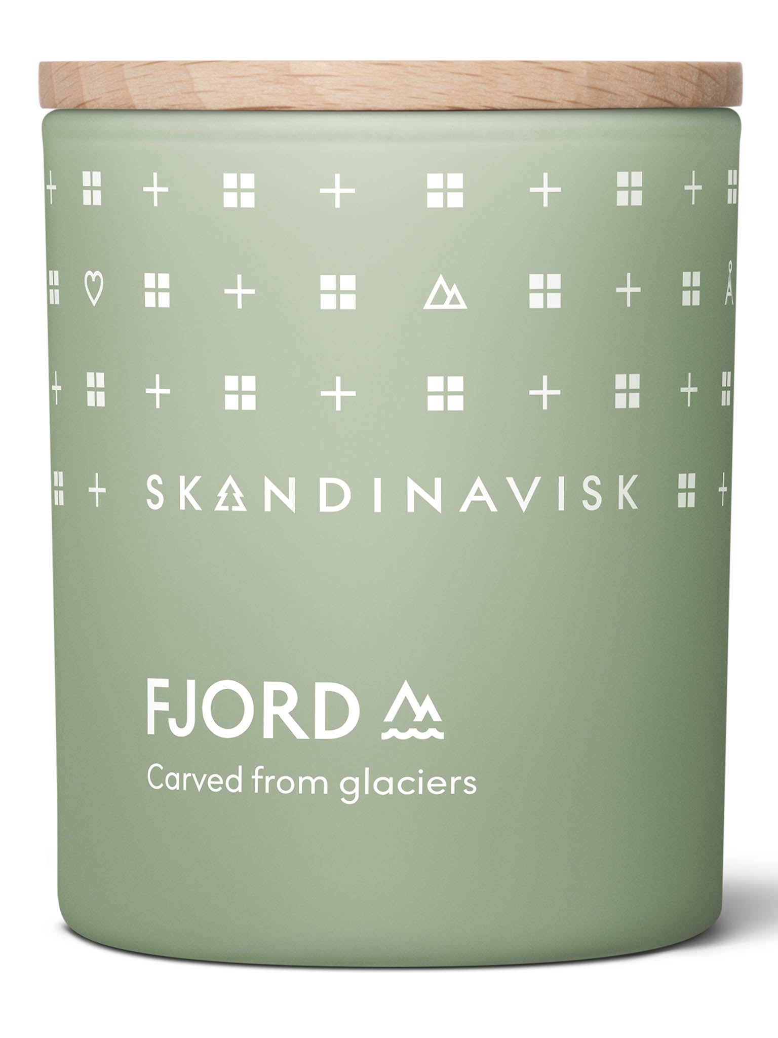 Grønt duftlys i glasskrukke med flamme og mønster; SKANDINAVISK, FJORD