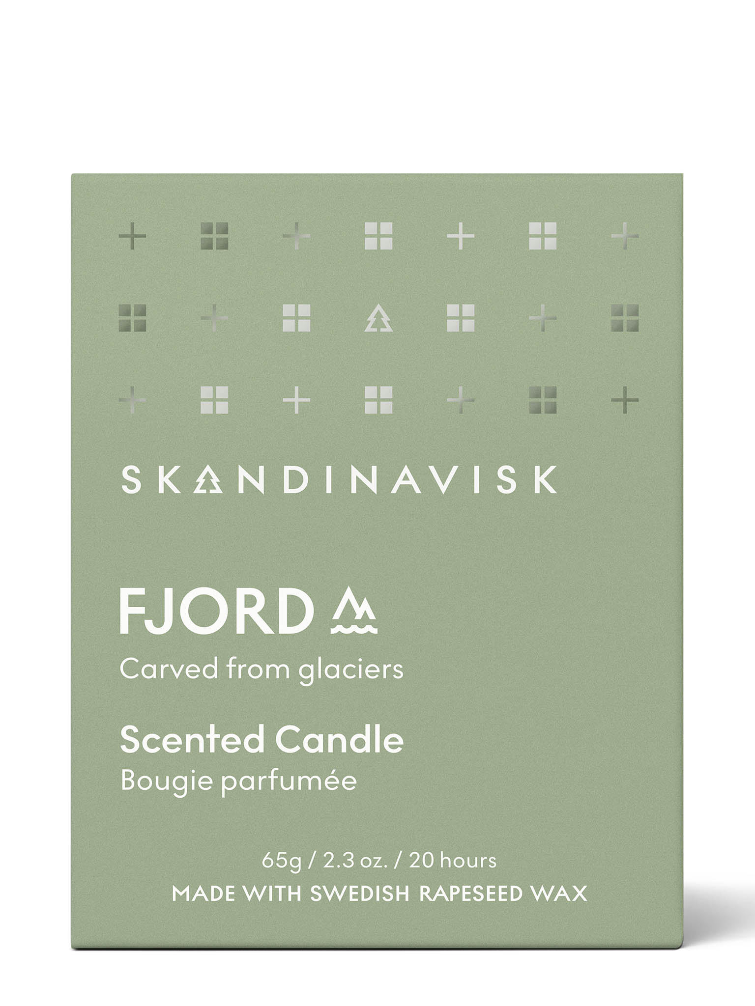 Grønn duftlys-emballasje med FJORD- og SKANDINAVISK-tekst; 65 g, ca. 20 timer