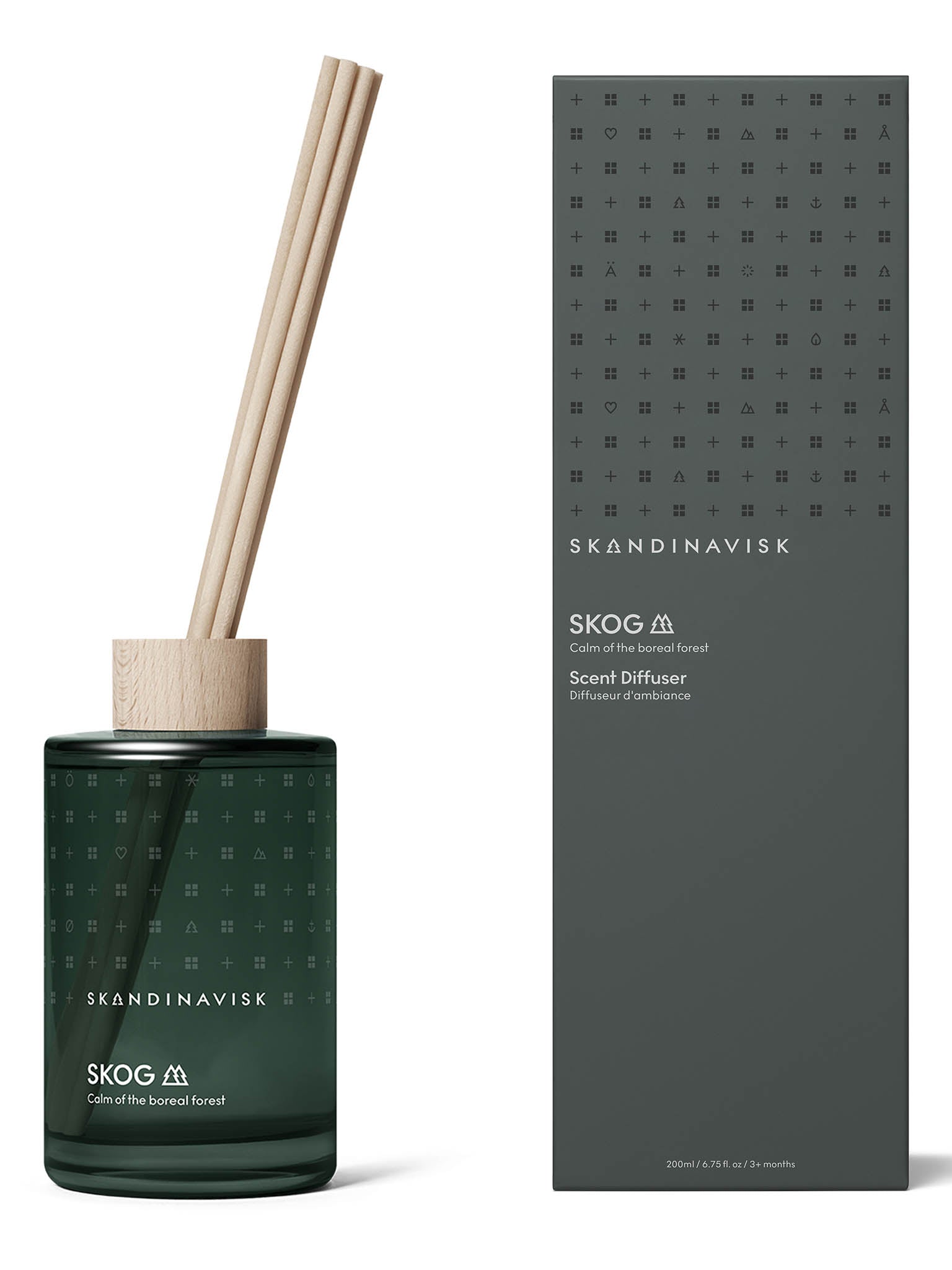Mørkgrønn duftdiffuserflaske med korklokk og tre duftpinner, 200 ml