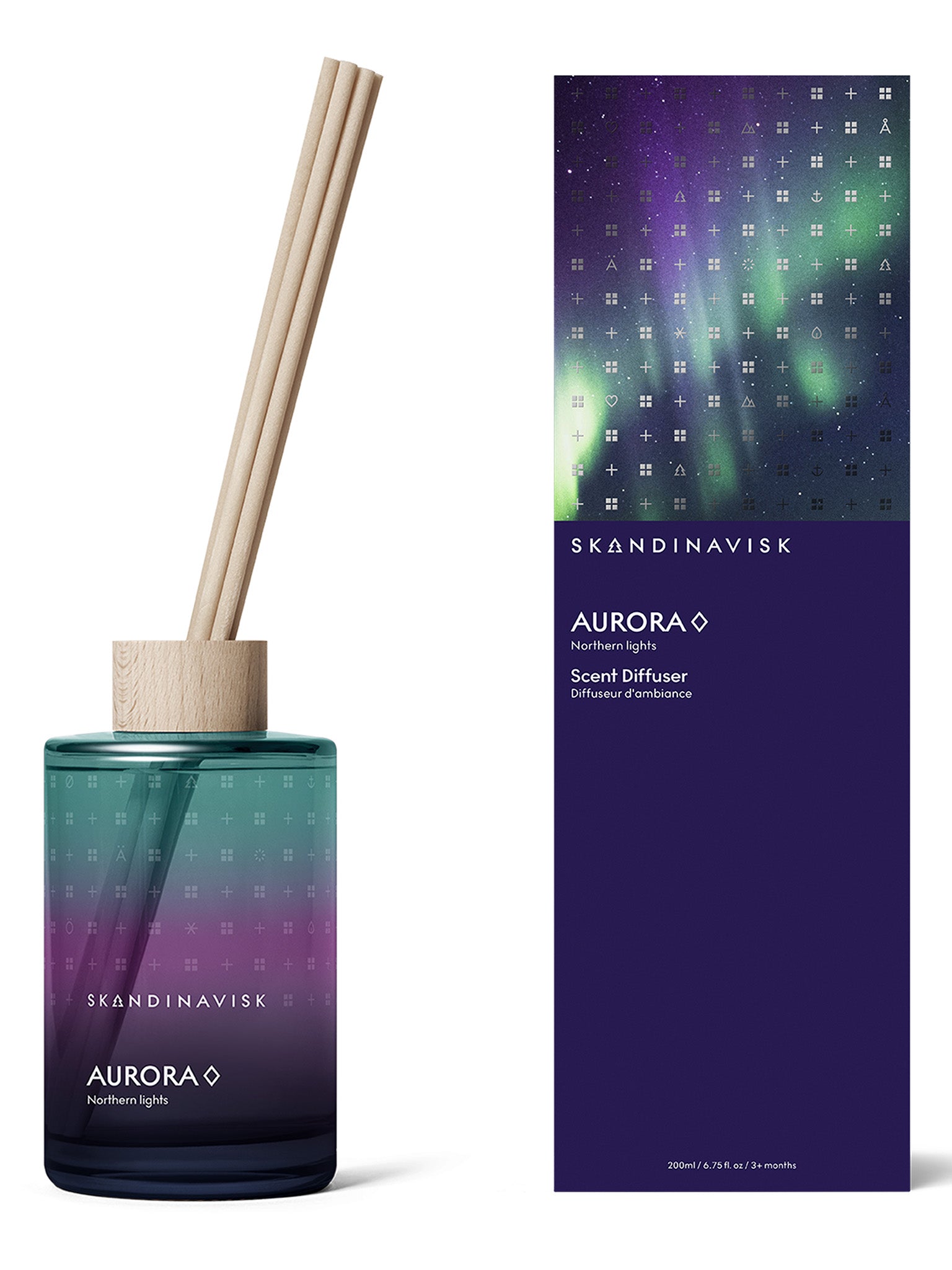 AURORA duftdiffuser 200 ml med trepinner og glassflaske i blågrønn til lilla