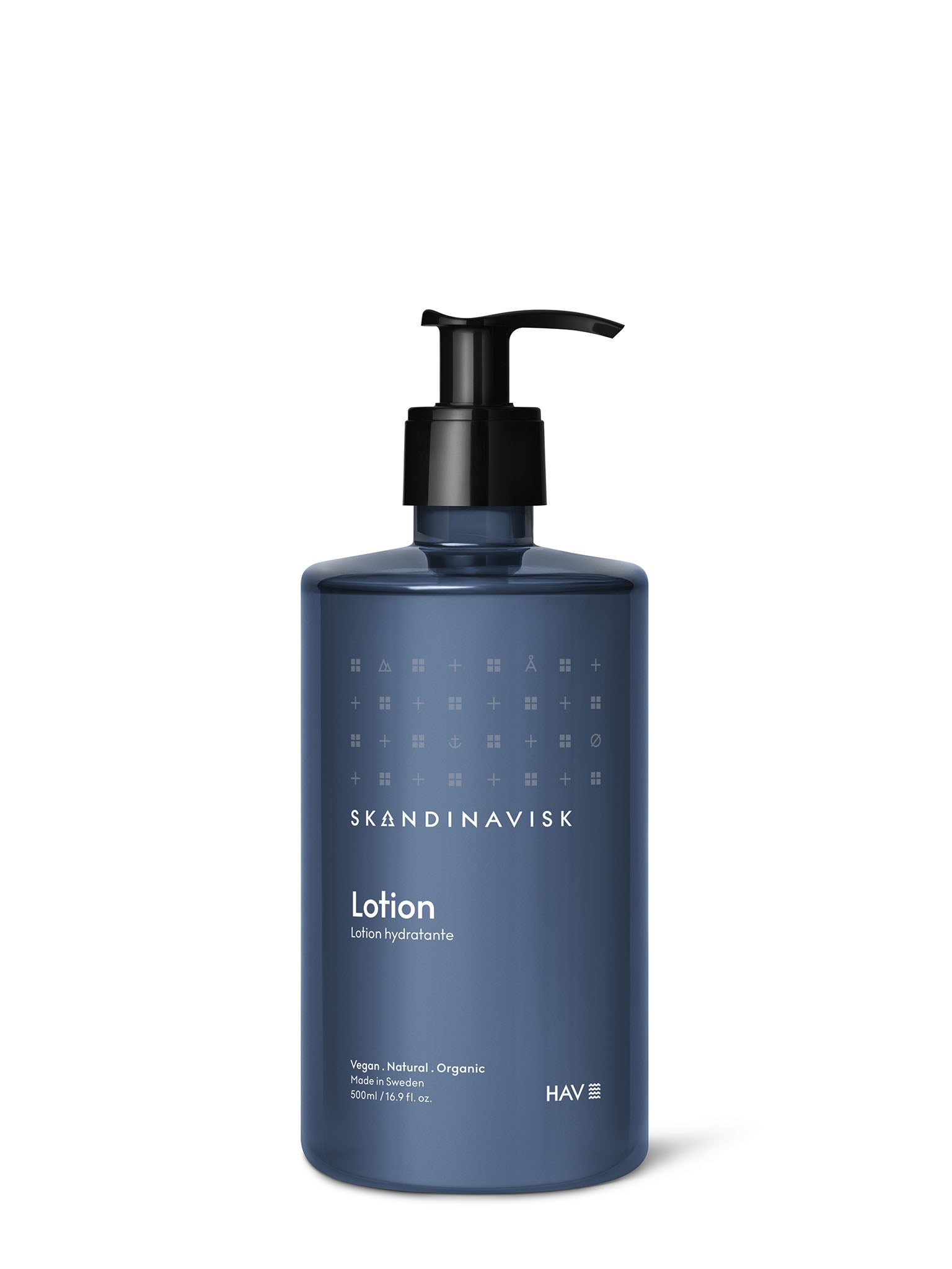 HAV lotionflaske med pumpe, blå; etikett merket Lotion
