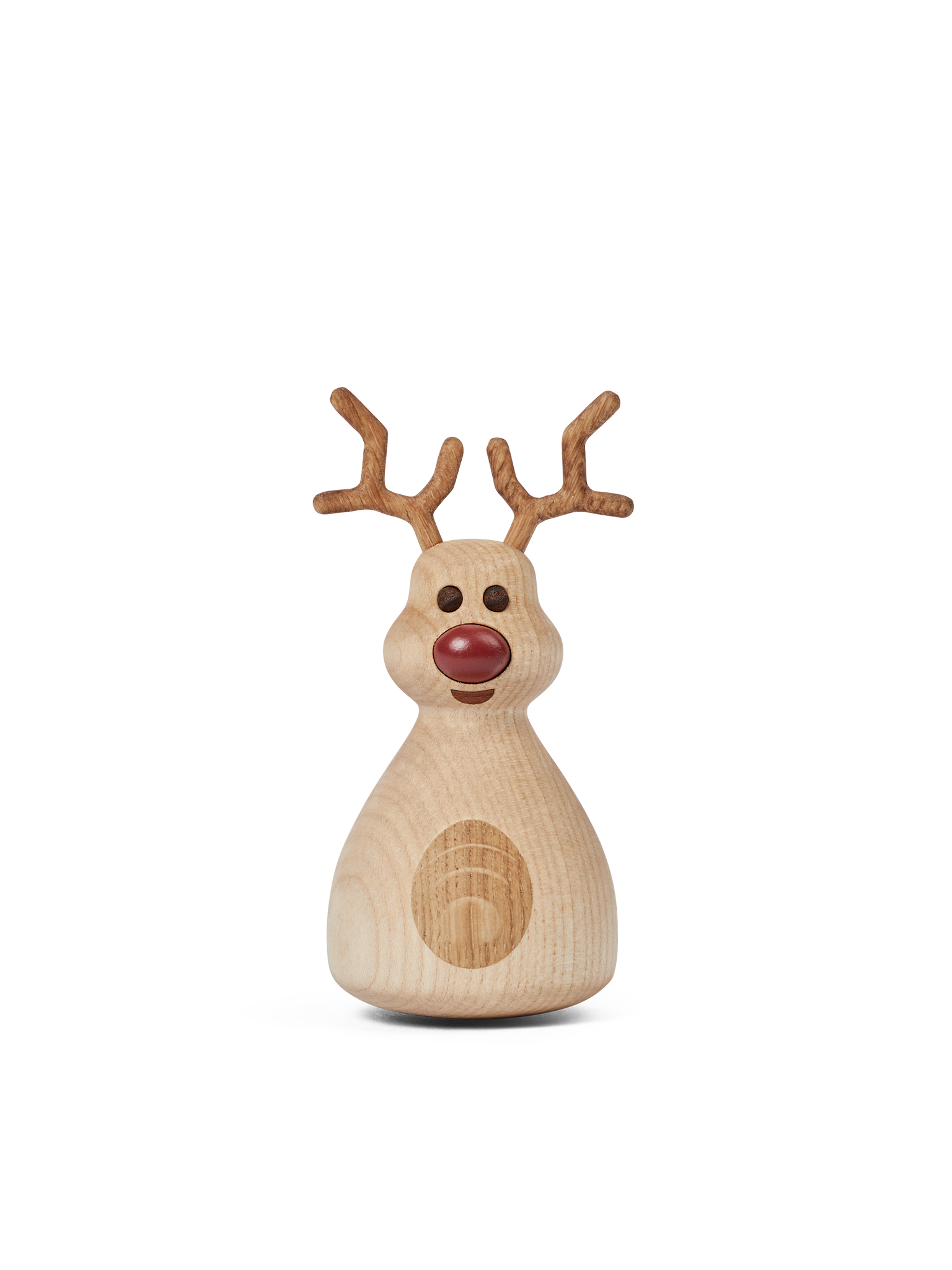 Trefigur tumbler med reinsdyrhode, gevir og rød nese på sylindrisk sokkel