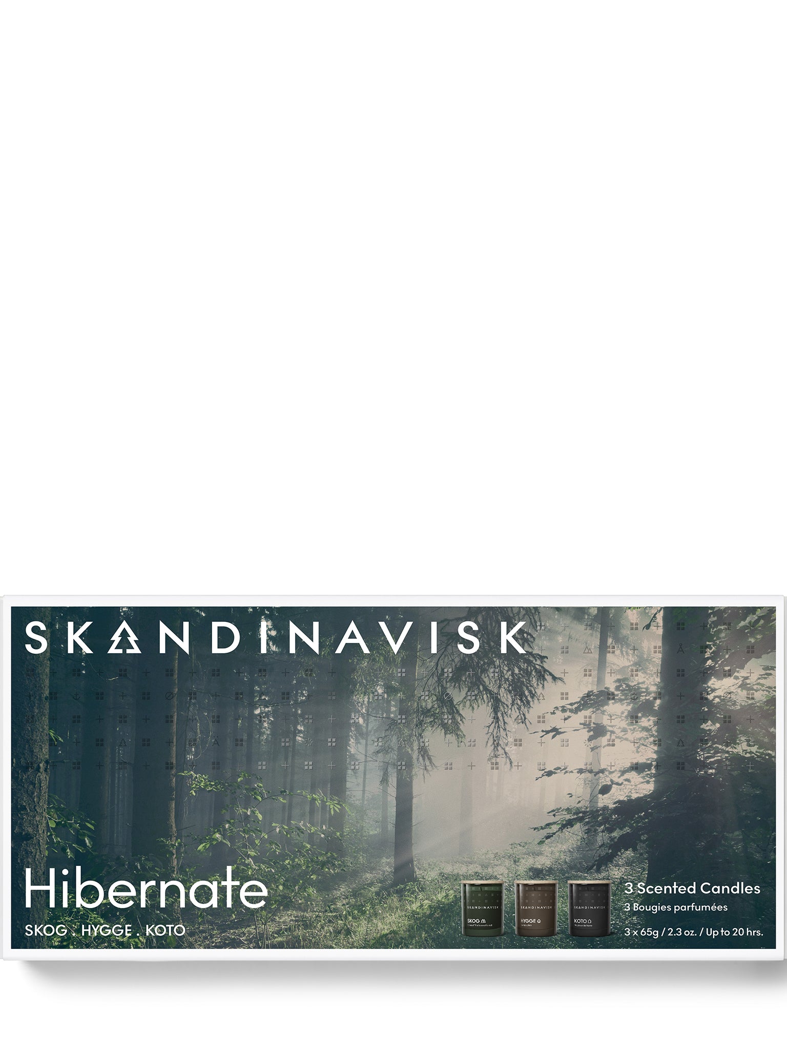 Gaveæske med skandinavisk skovmotiv og tre duftlys i små krukker