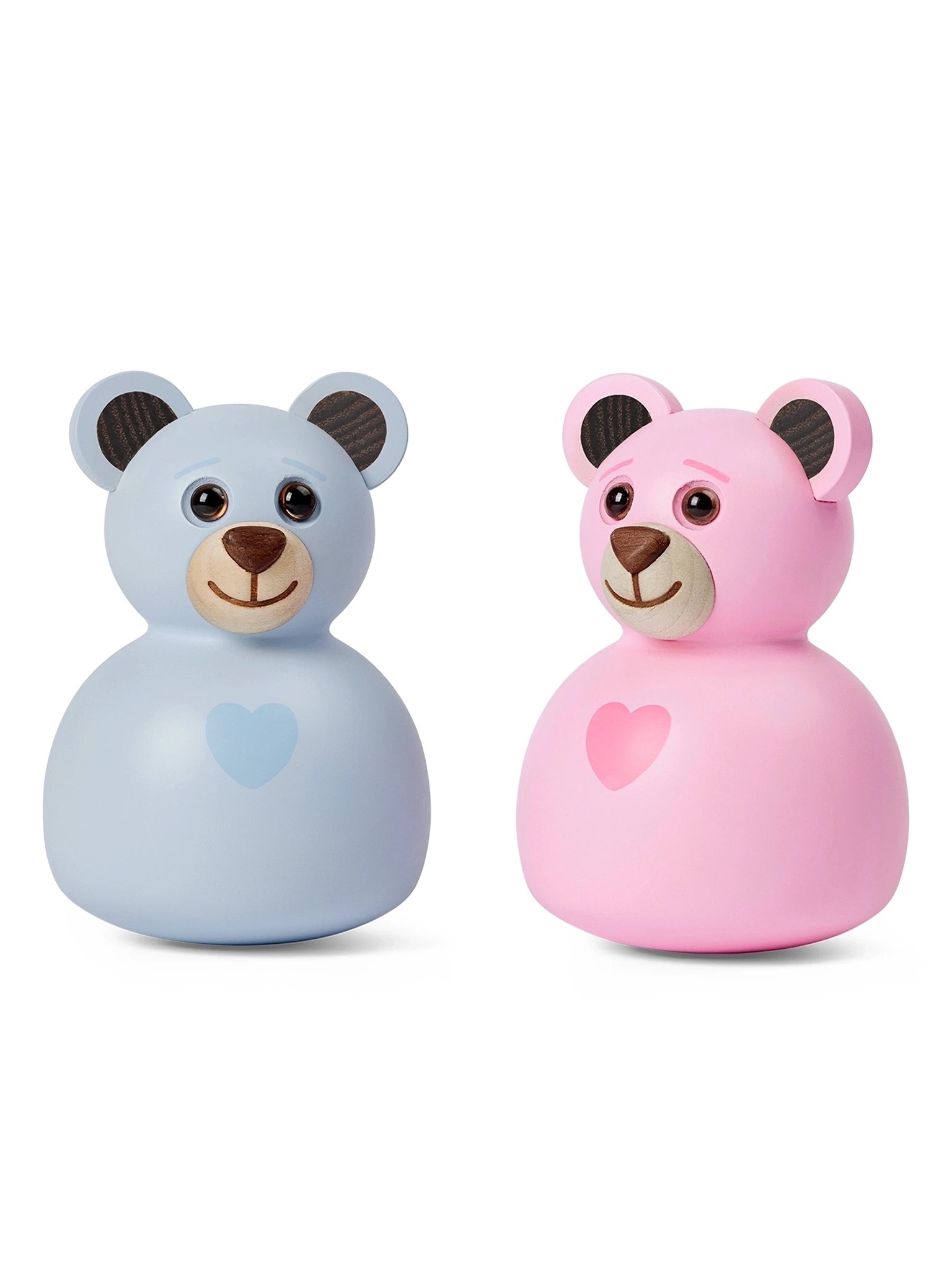 Blå teddybjørnball med hjerte foran, brune ører og smilende snute.