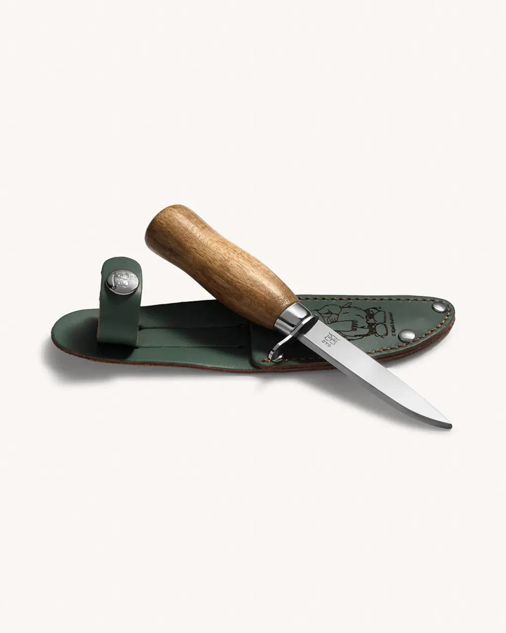 Spikkekniv med trehåndtak, rustfritt blad og mørkegrønn lærslire.