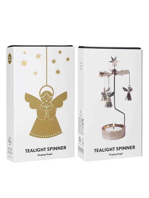 Eske til teelight-spinner med sangende engel, gullfarget motiv på forsiden.