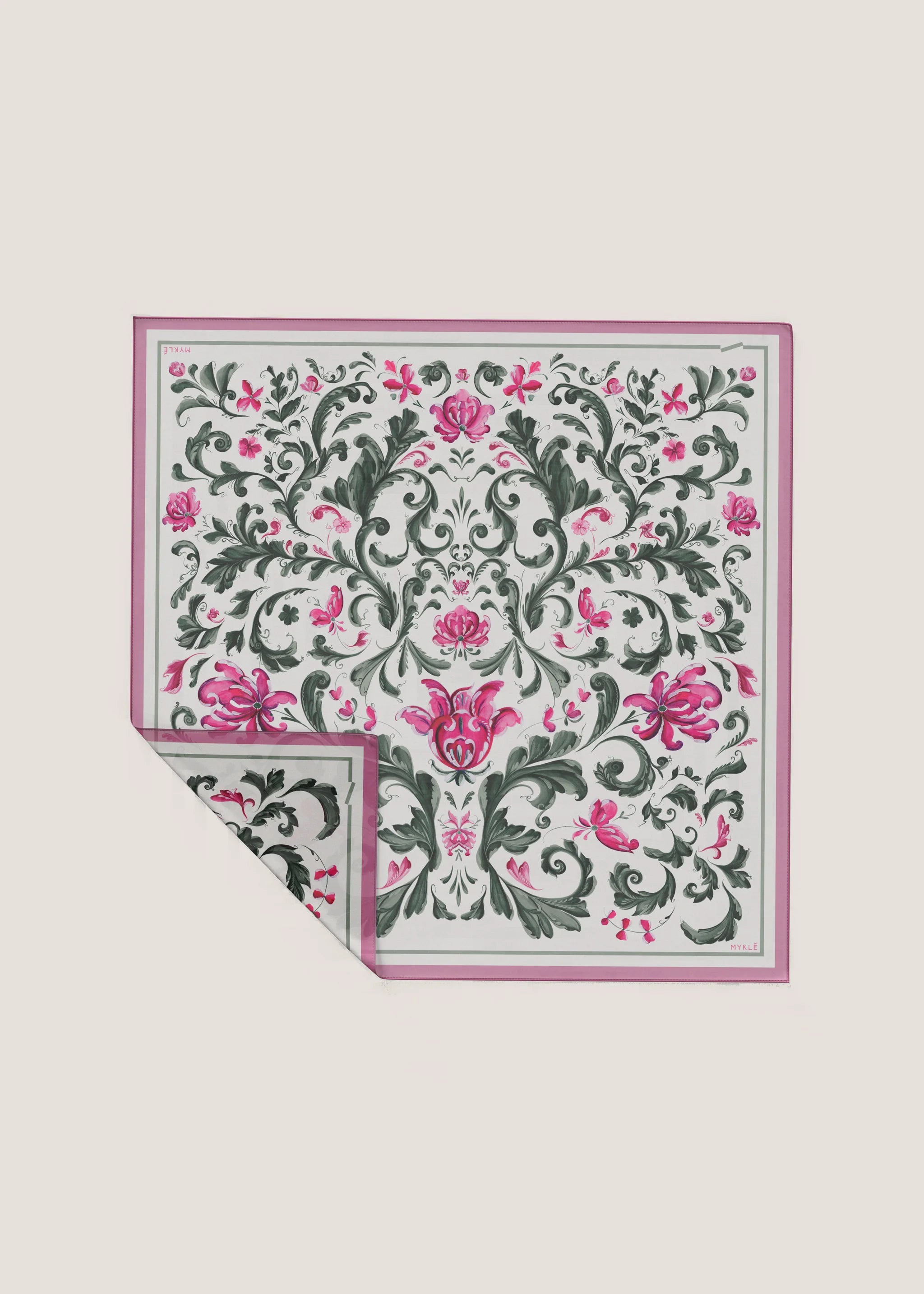 Kvadratisk silkeblandingsjal med grønn, rosa og lilla blomstermønster