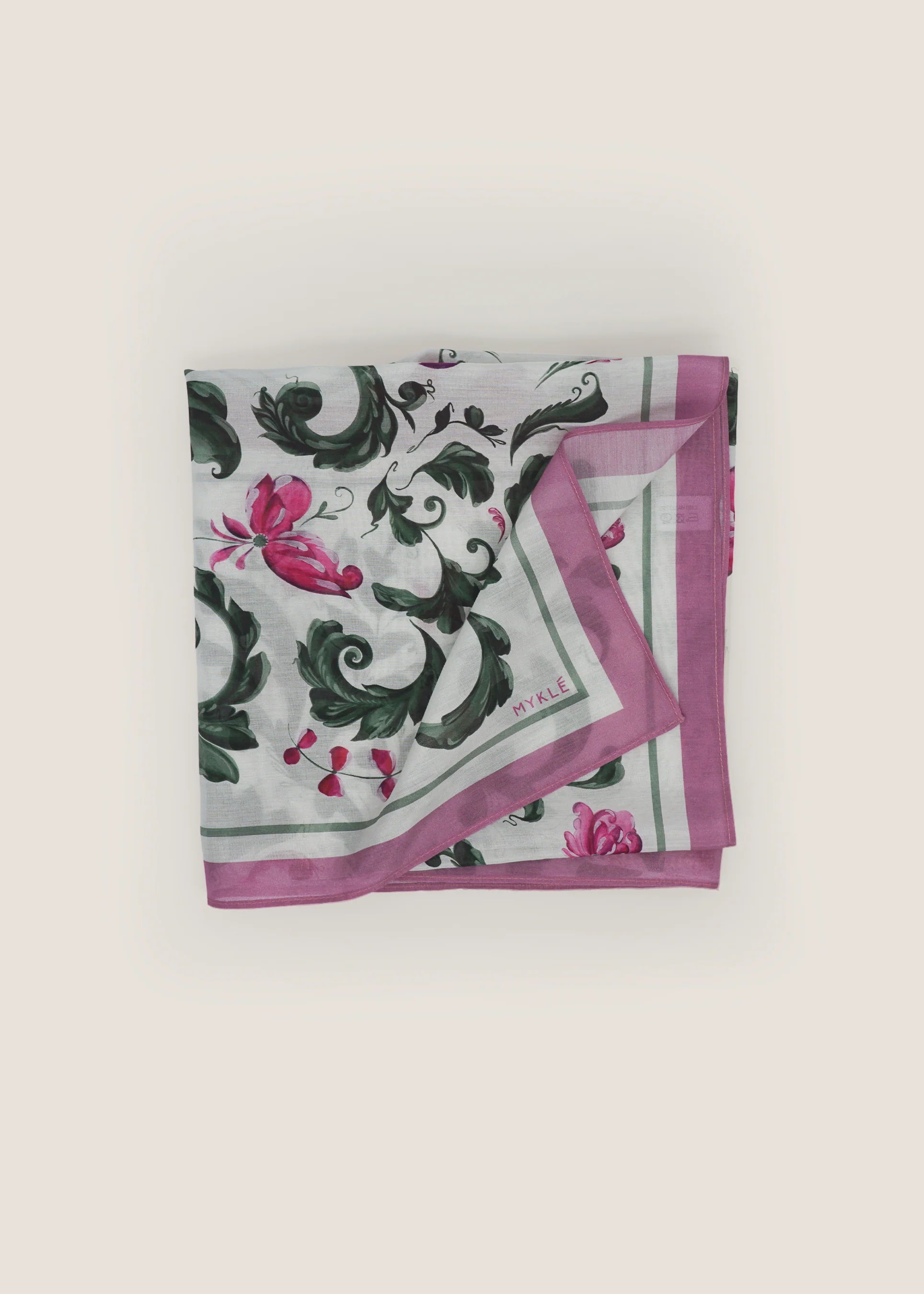 Kvadratisk silkeblandingsjal med rosa border og klassisk blomstermønster