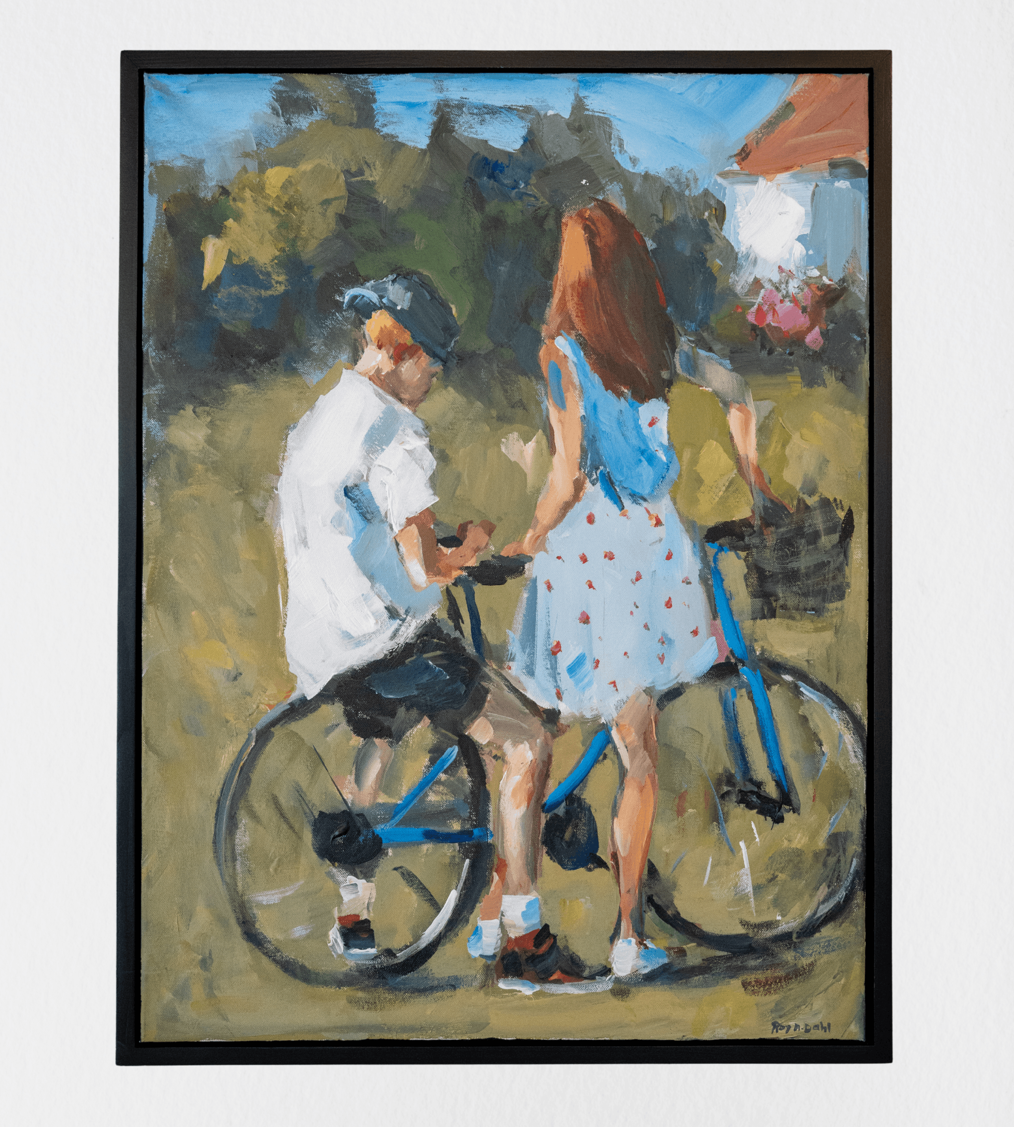 Ungdomstid kunstprint med motiv av syklistpar på sykkel, i fargerikt maleri