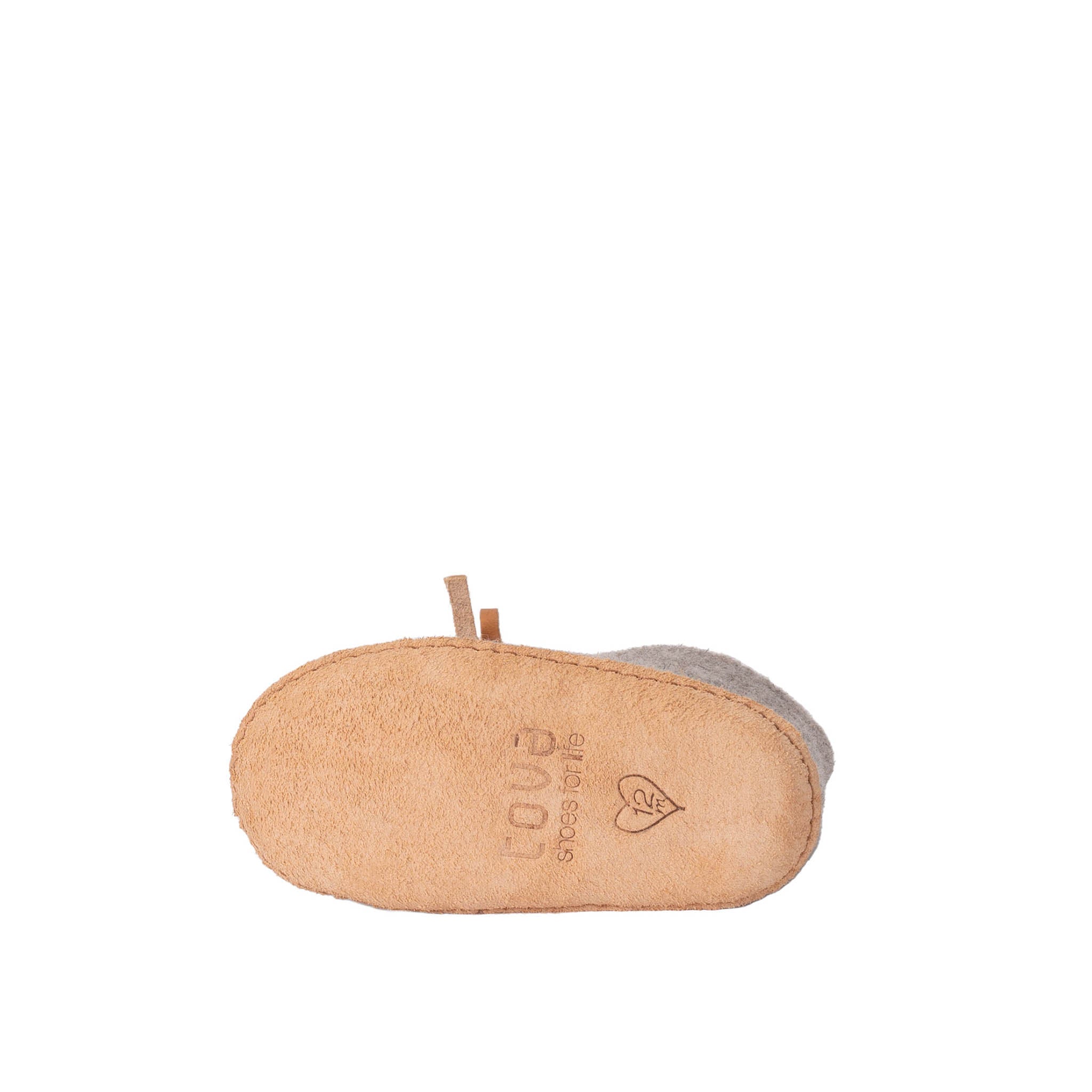 Babyhjemmeskoens undersåle i lys beige med liten logo-merking