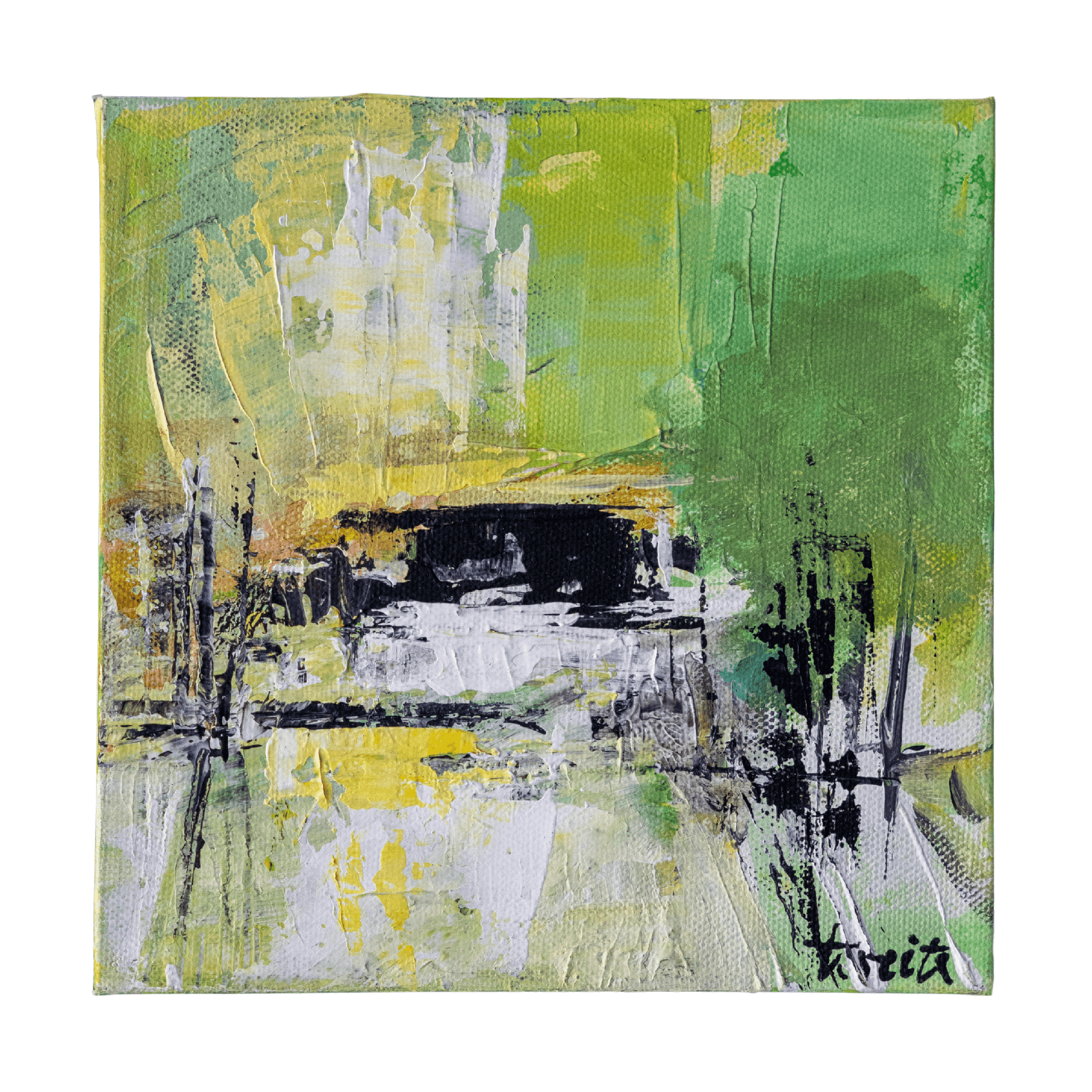 Abstrakt kunstprint med grønne og gule flater samt svarte og hvite striper