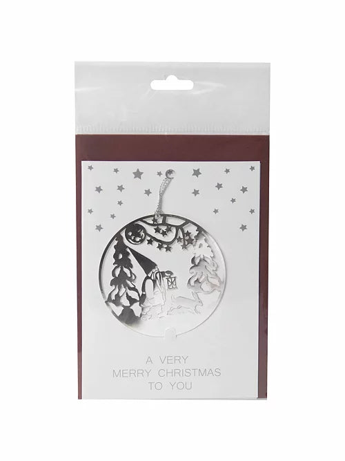 Julekort med sølvornament i kugle og stjerner, tekst 'A VERY MERRY CHRISTMAS TO YOU'