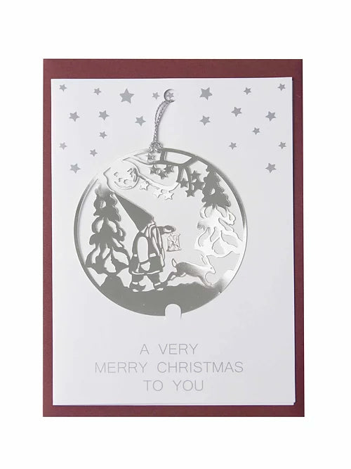 Julekort med sølvpræget kuglepynt og stjerner, tekst 'A VERY MERRY CHRISTMAS TO YOU'