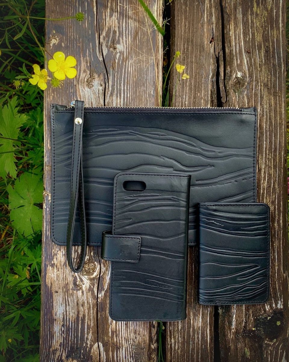 Mørkeblå lærclutch med glidelås og vedlagt kortholder