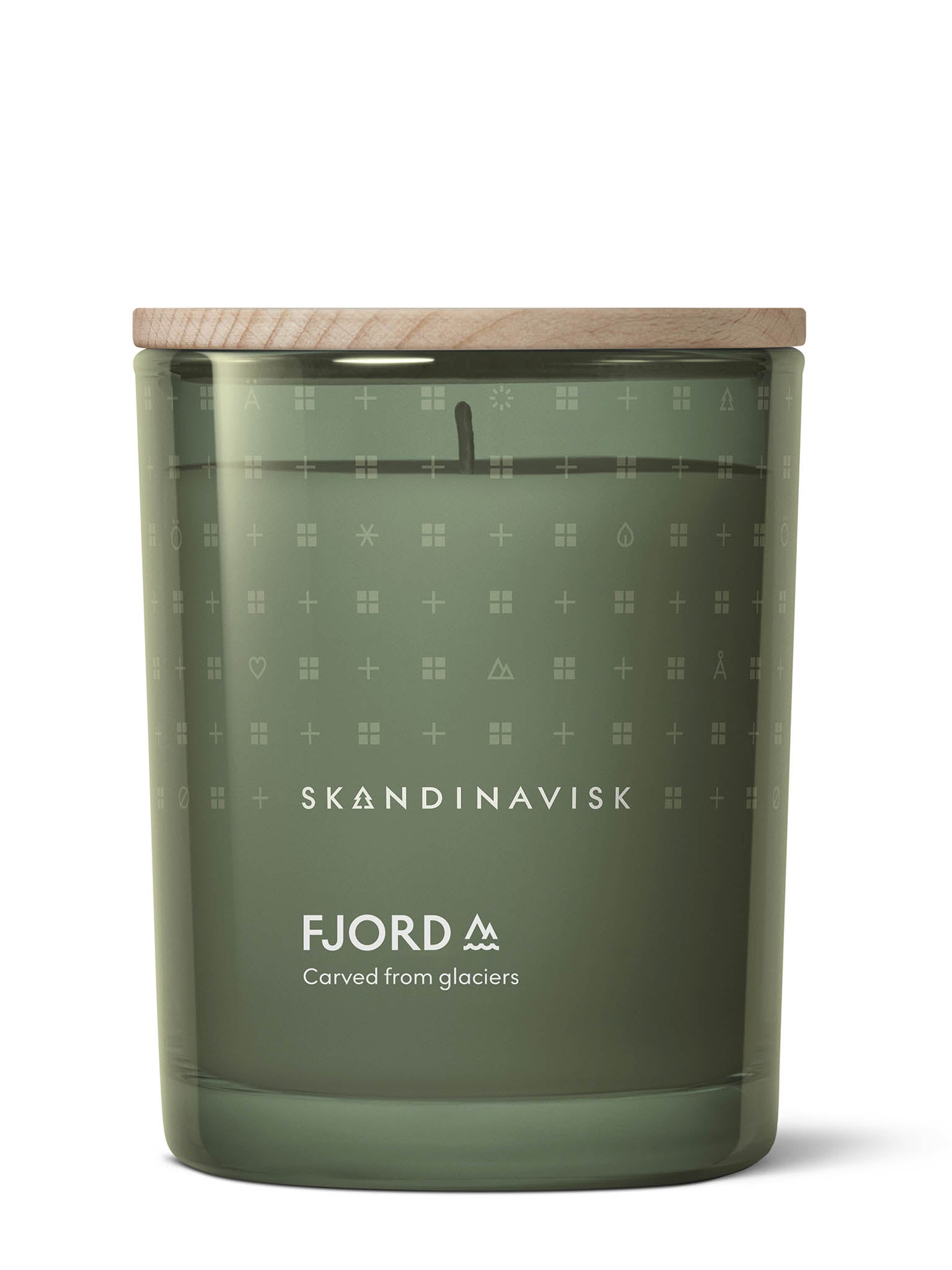 Grønt duftlys i glasskrukke med trelokk og flammelys, SKANDINAVISK og FJORD-logo