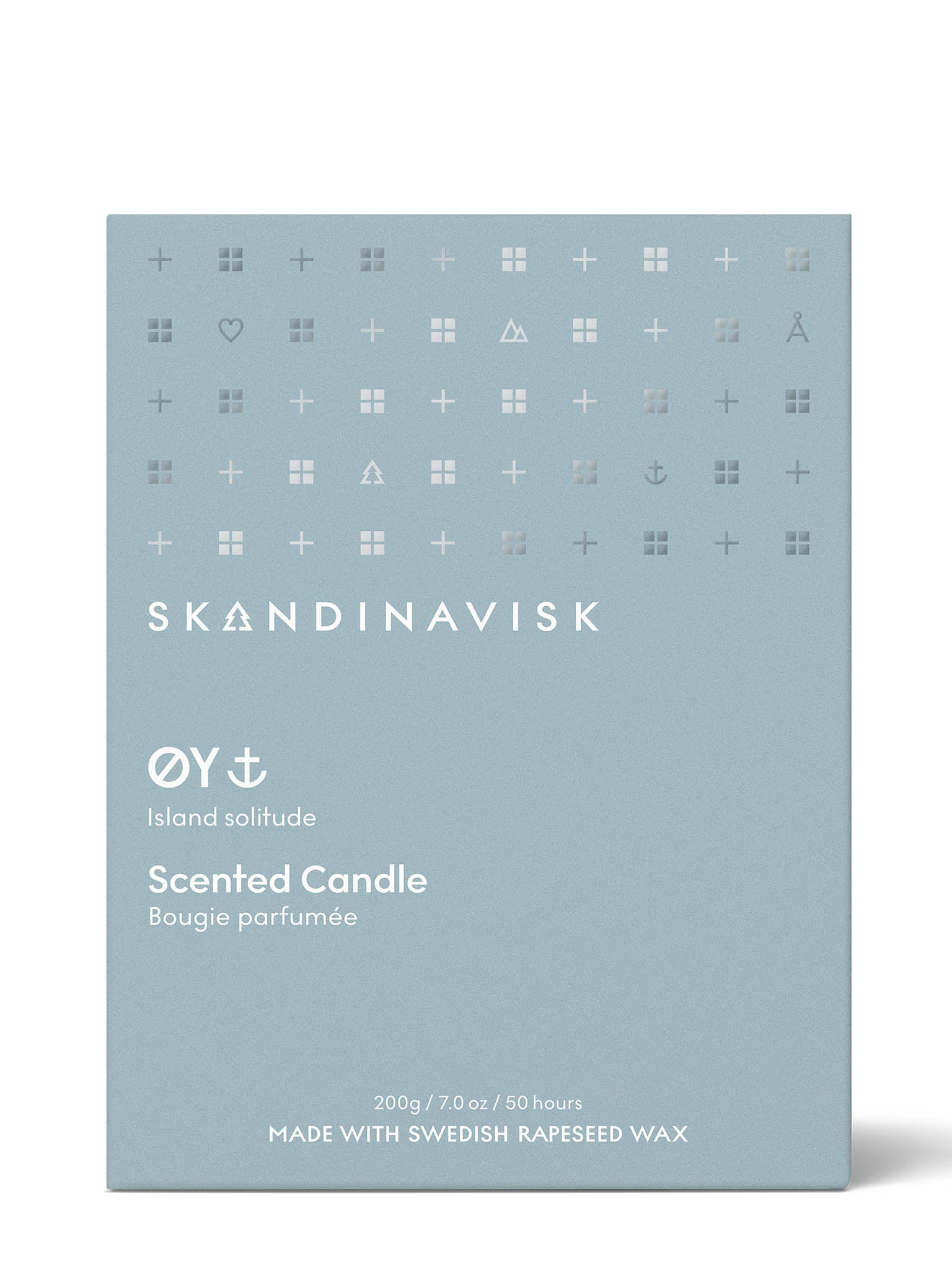 Duftlyskruske med tekst: ØY Island solitude og “Scented Candle” på eske