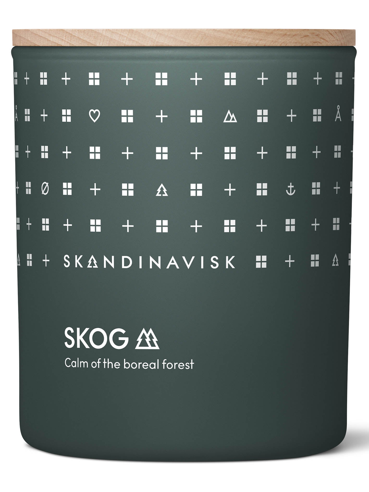 Duftlys SKOG mørkegrønn glassbeholder med hvitt logo og trelokk