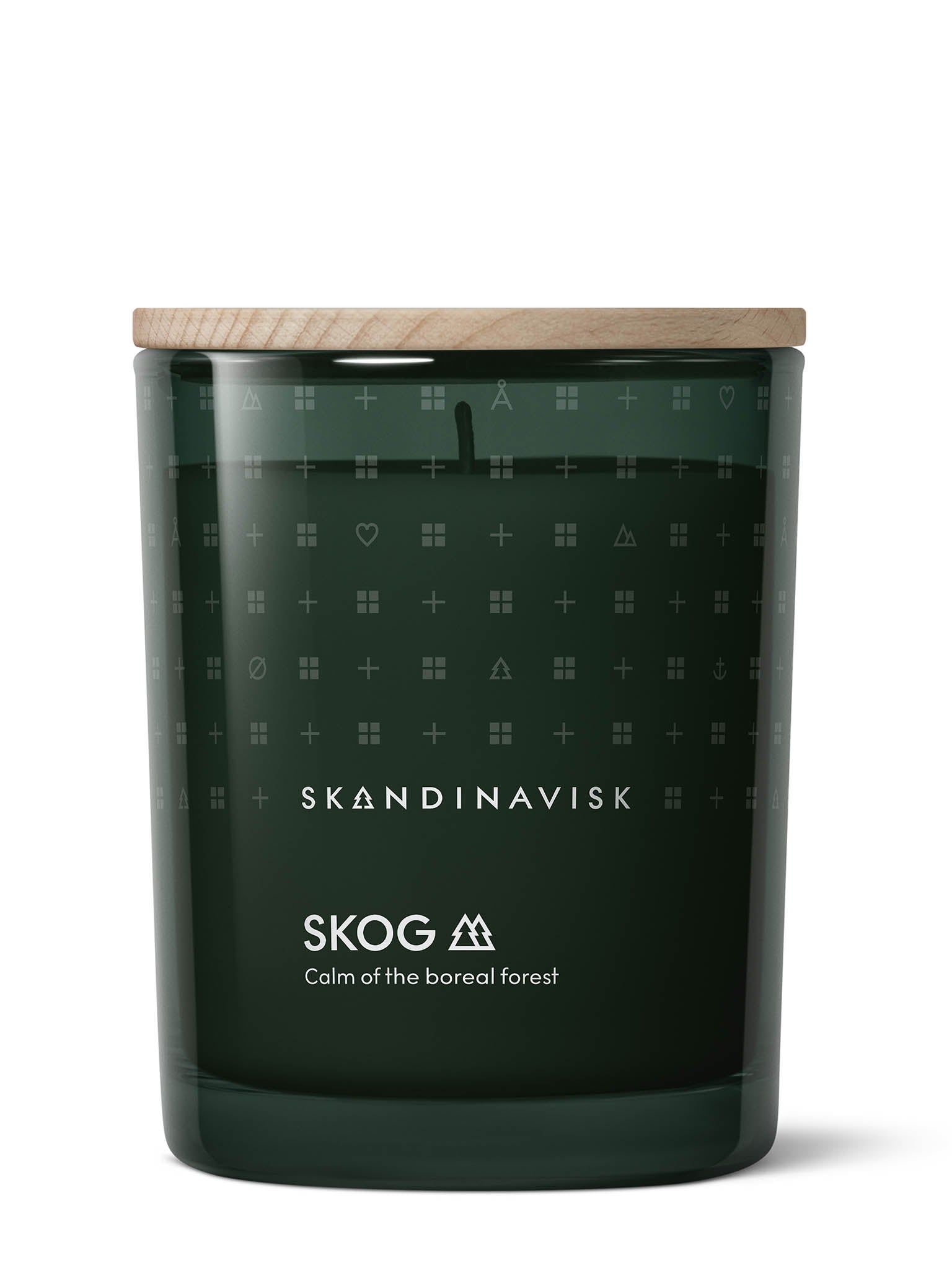 Duftlys SKOG i mørkegrønn glassbeholder med trelokk og hvitt symbolmønster