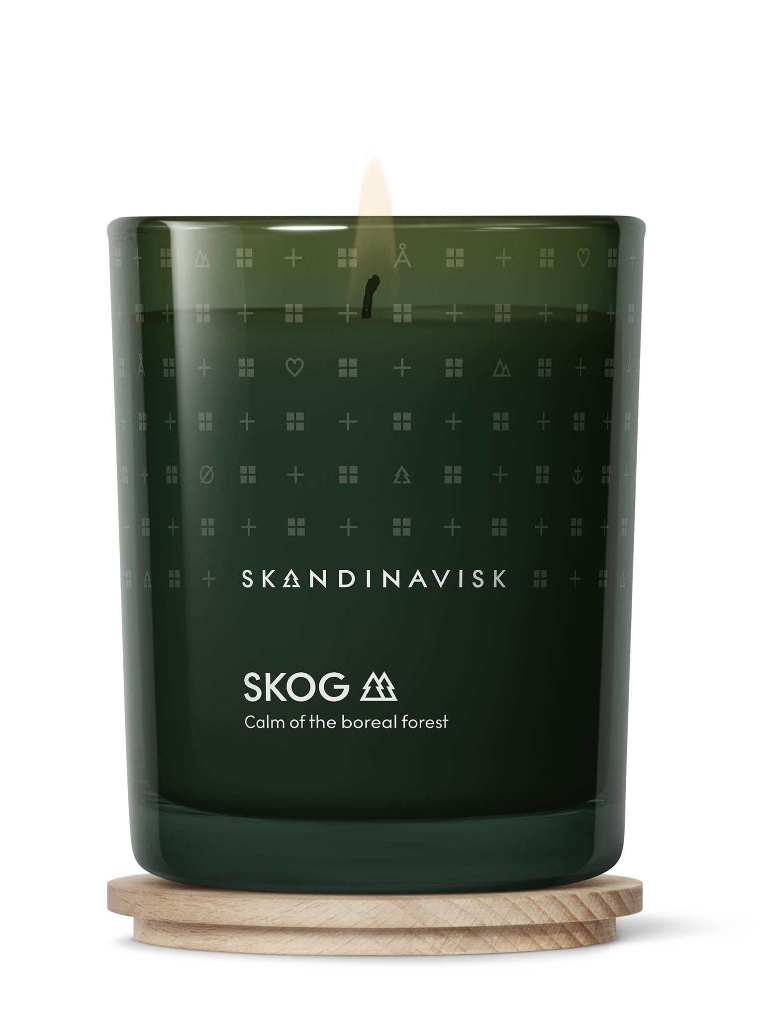 Duftlys SKOG mørkegrønn beholder med flamme og trelokk