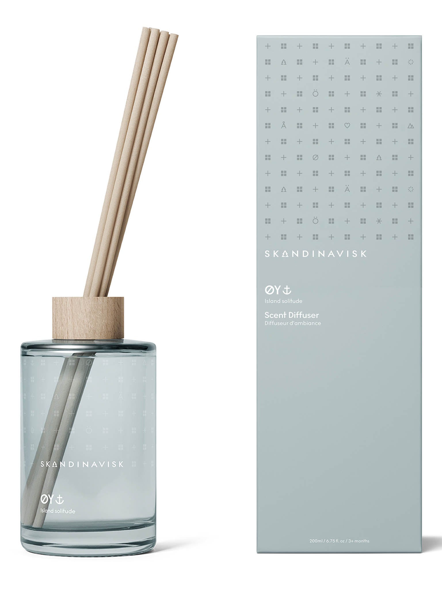 Duftdiffuser 200 ml: glassflaske med tre sivrør og stående eske.