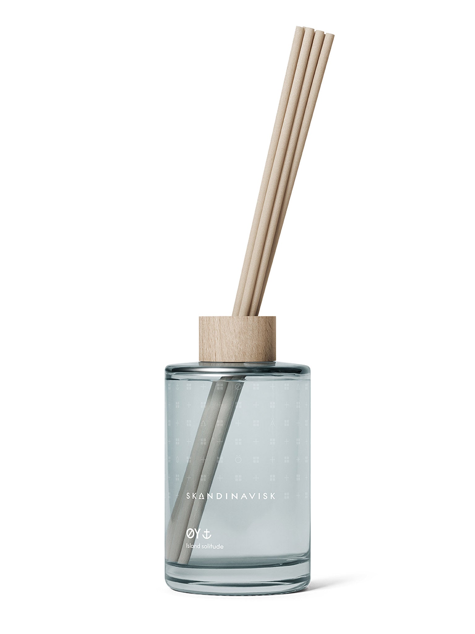 Duftdiffuser 200 ml: gjennomsiktig glassflaske med tre beige sivrør.