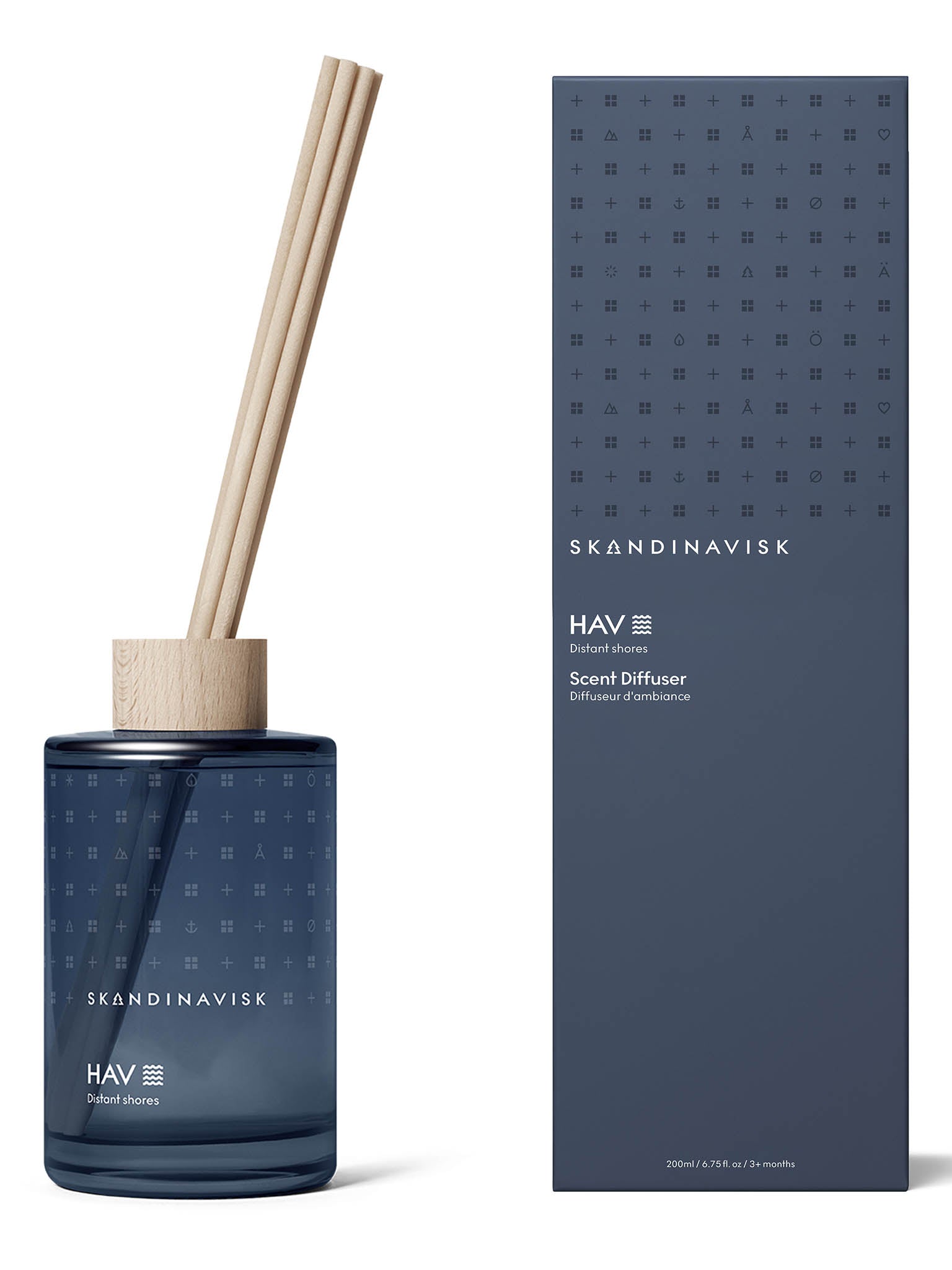 HAV duftdiffuser 200 ml med mørkeblå glassflaske og tre rør i treholder