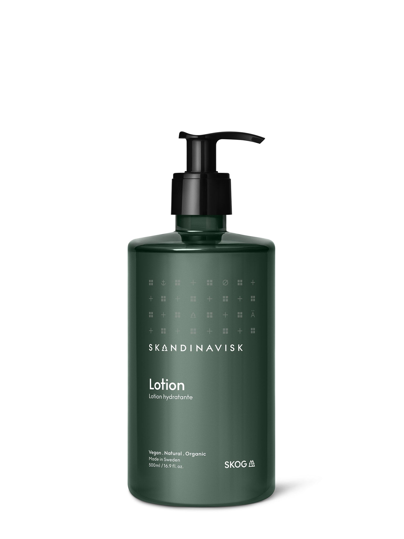 SKOG lotionflaske 500 ml med pumpe, mørkegrønn flaske og skriftetikett