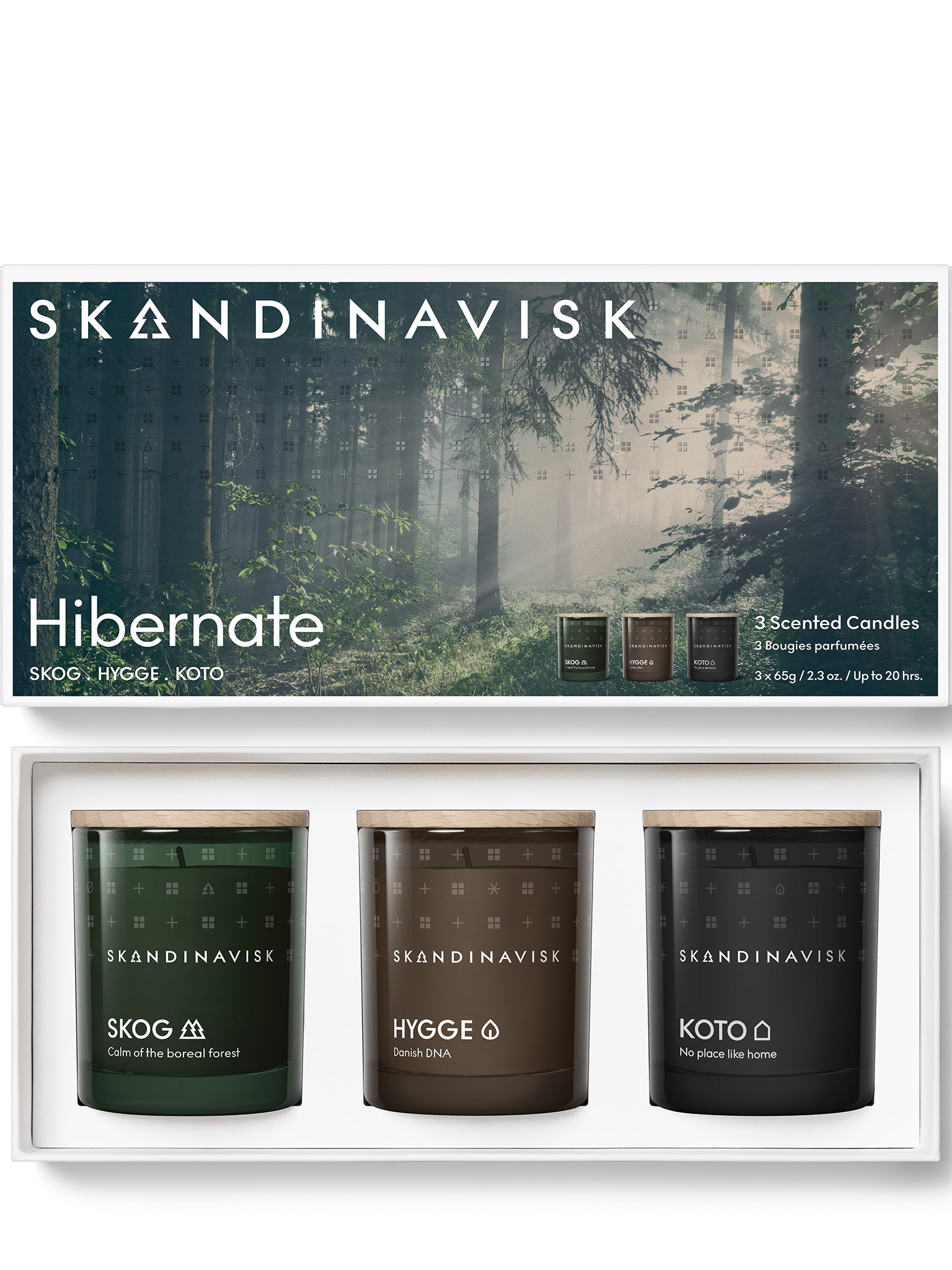 Gaveæske med tre duftlys: SKOG, HYGGE og KOTO i glasbeholdere