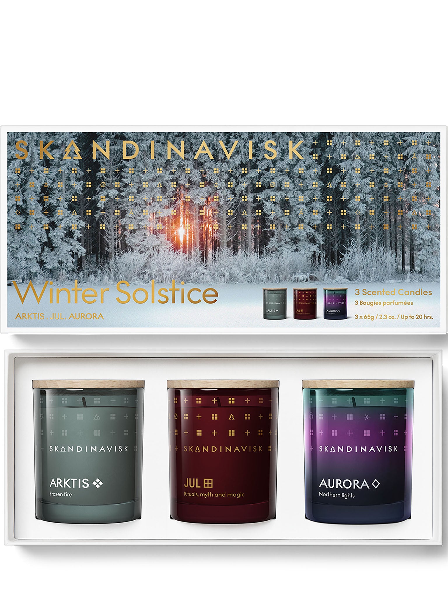 Gaveæske med 3 duftlys i glas: grøn, rød og lilla, Winter Solstice-motiv
