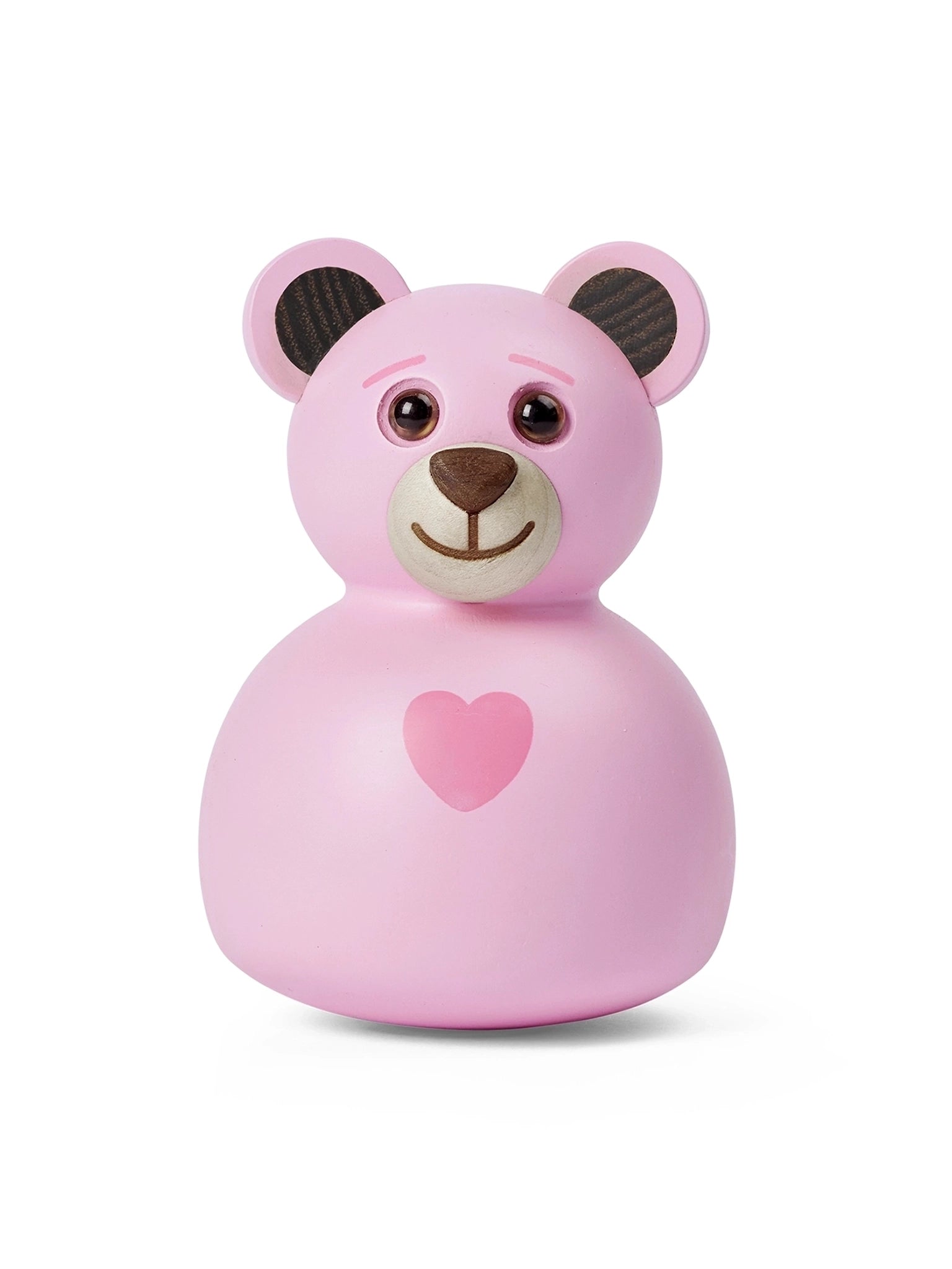 Rosa teddybjørnball med hjerte foran, brune ører og smilende snute.