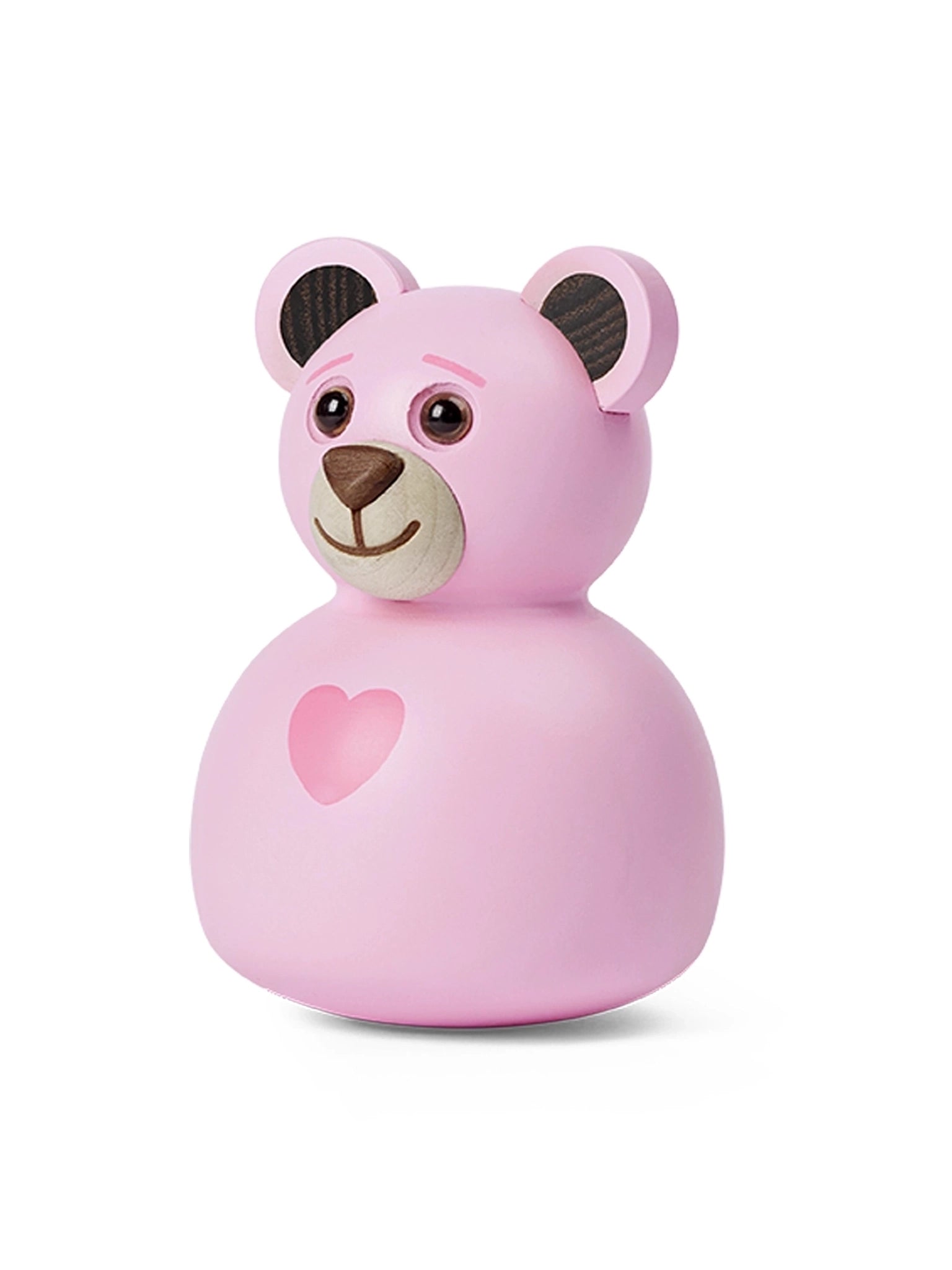 Rosa teddybjørn med hjerteemblem, brune ører og smilende snute.