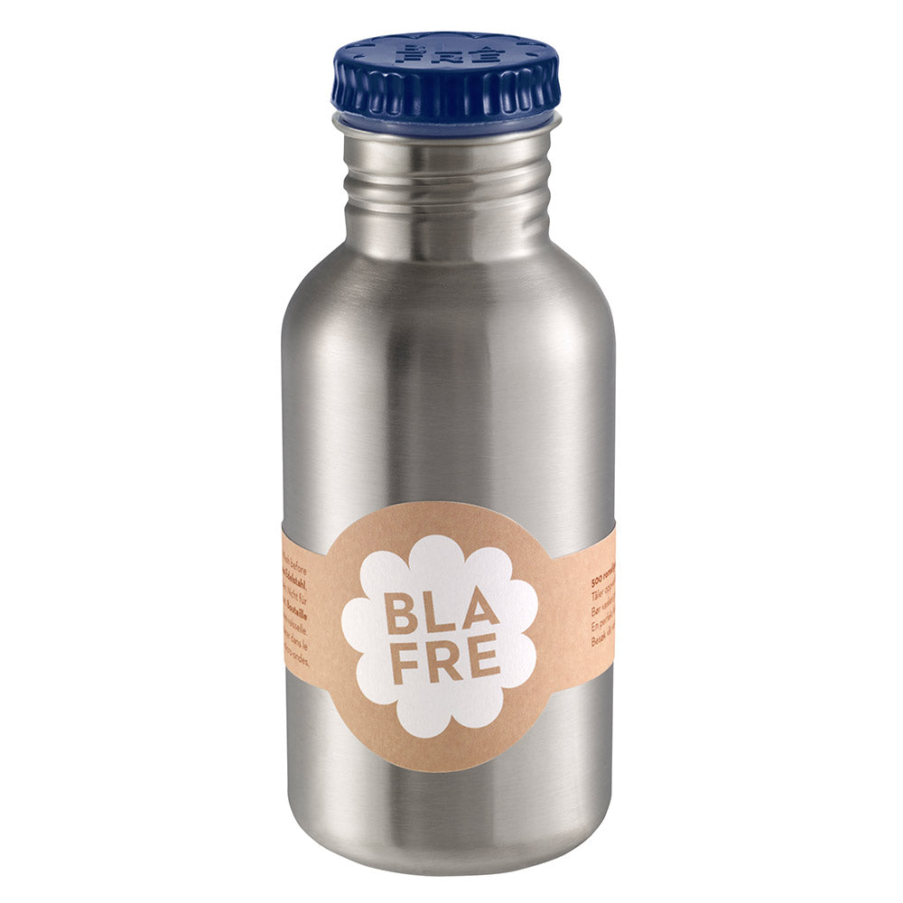Stålflaske med Blafre-merke og blå skrukork, sølvfarget