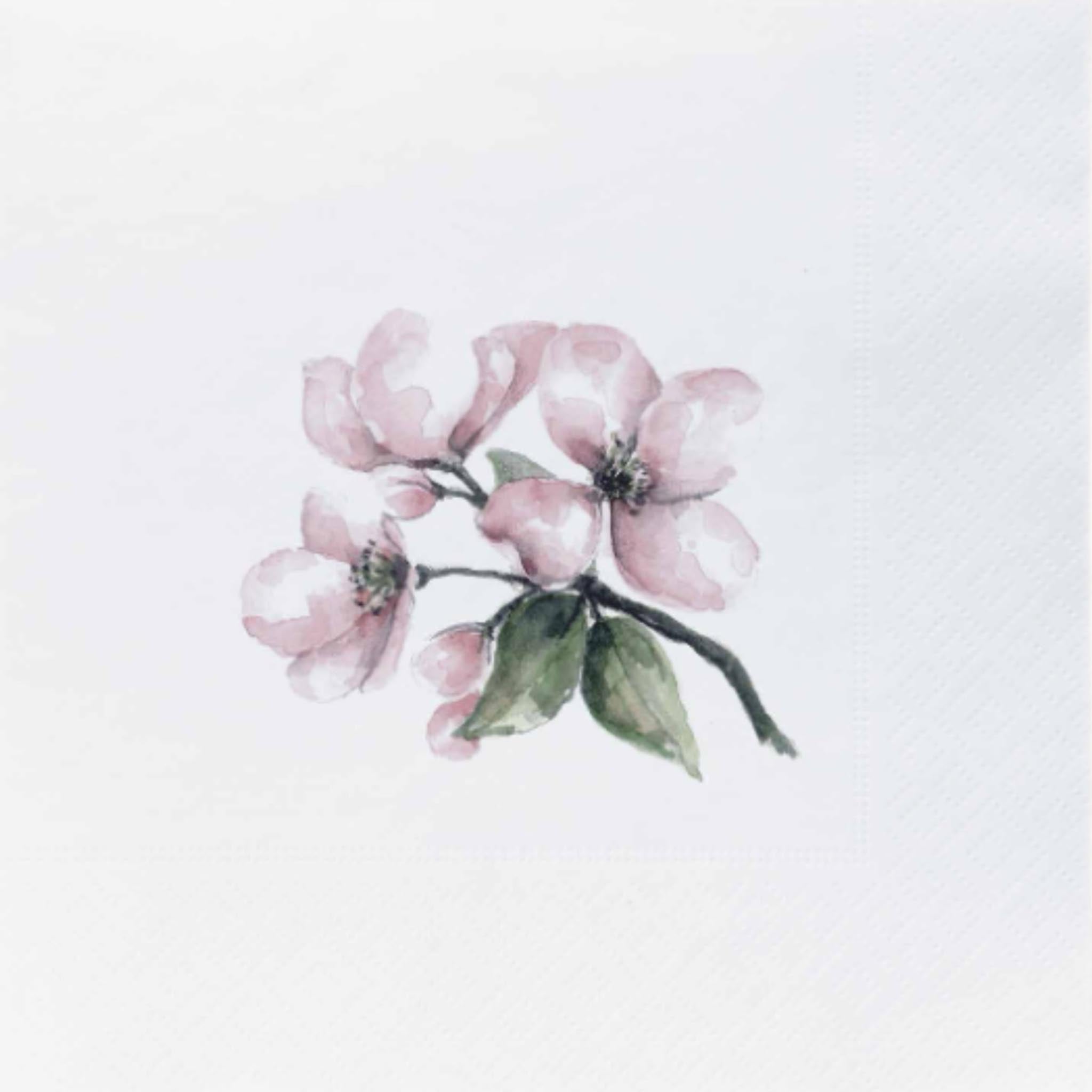 Serviett med epleblomst i akvarellstil: rosa blomster og grønne blader