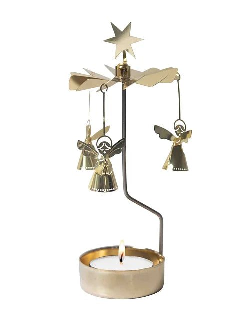 Teelight-spinner med sangende engel i gullfarget metall over telysholder.