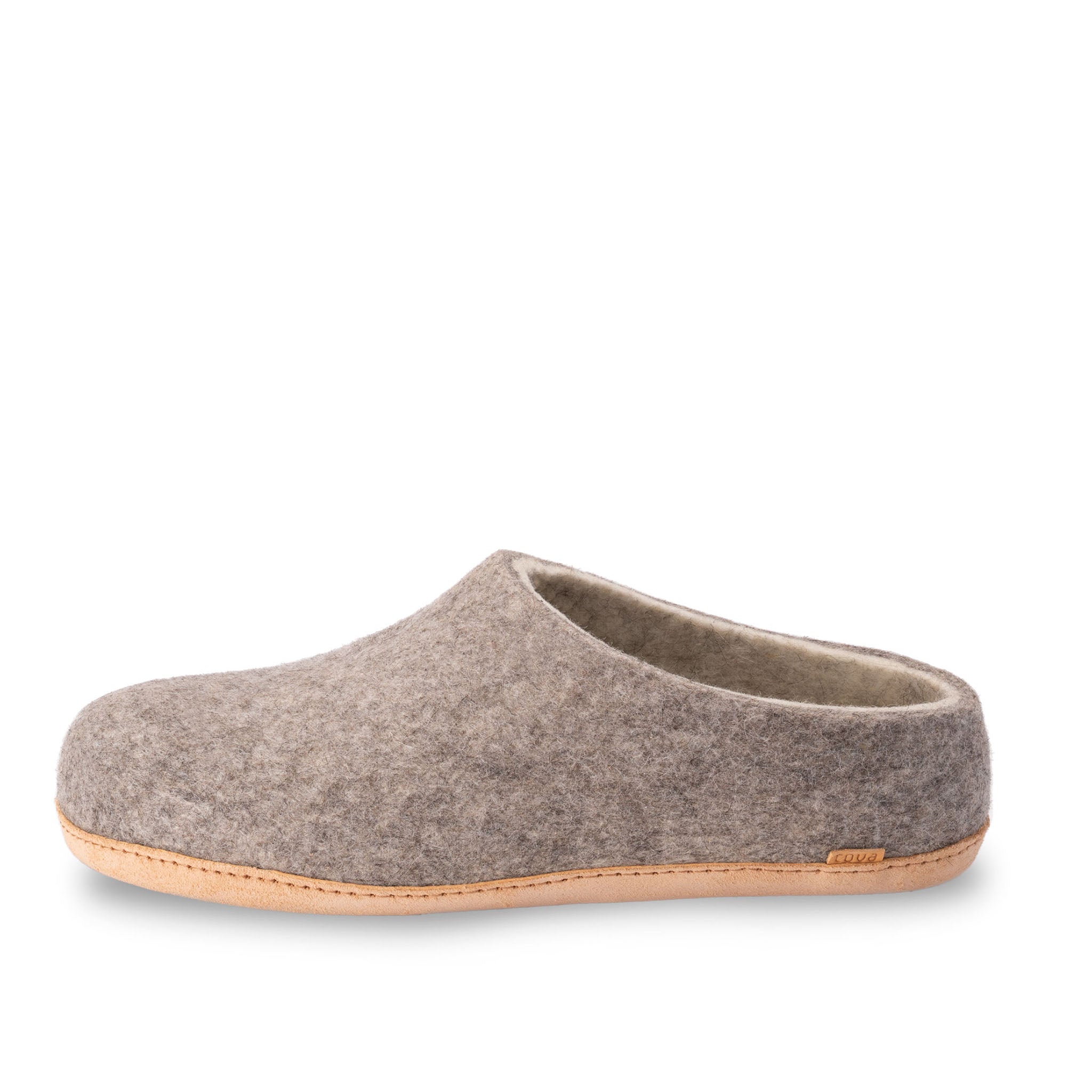 Grå filt-tøfler med beige såle, slip-on