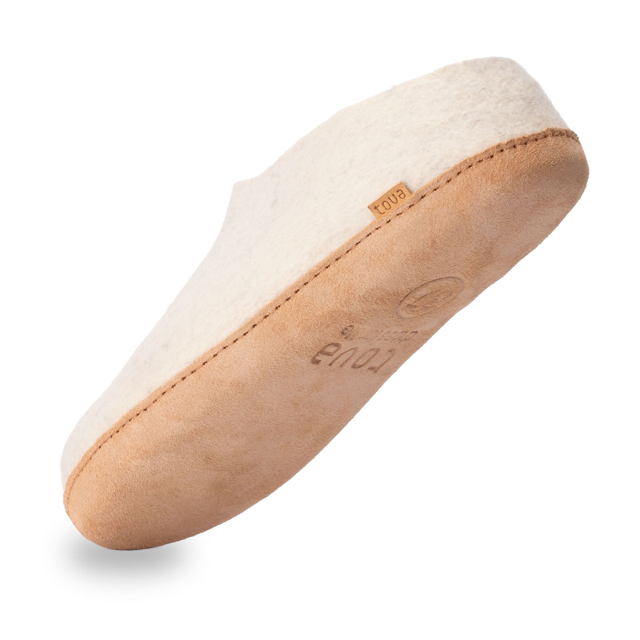 Lyse hvite filt-tøfler med beige innerside og lærkant