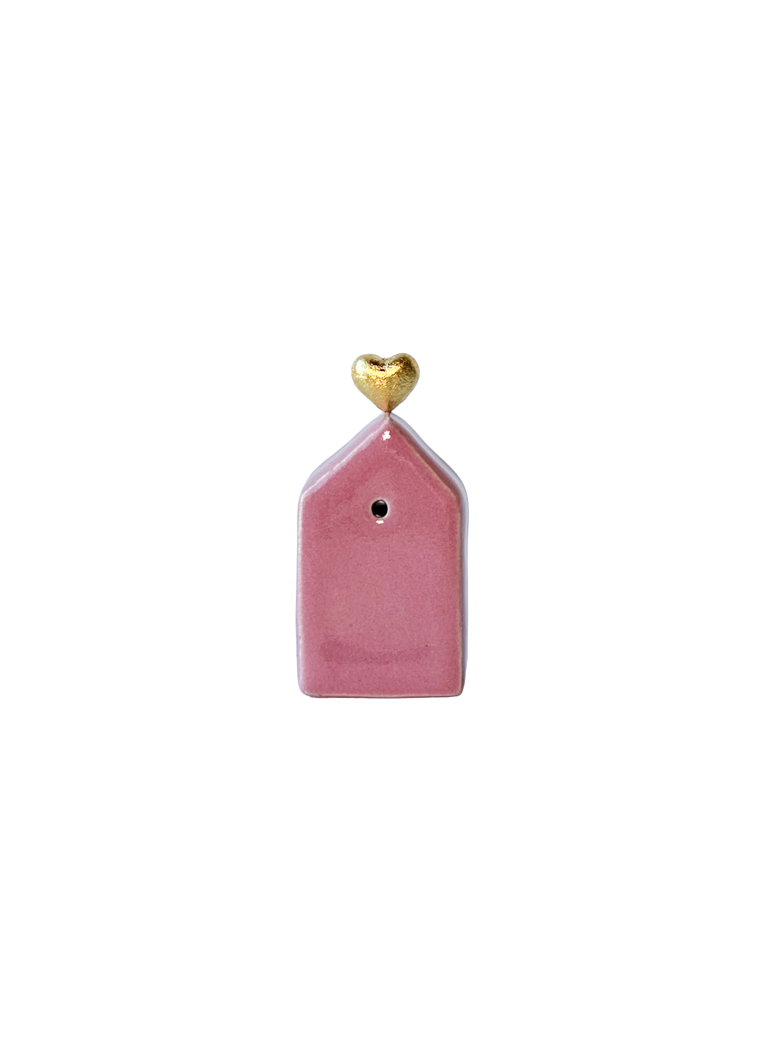 Rosa husformet ornament med gullfarget topp og lite hull