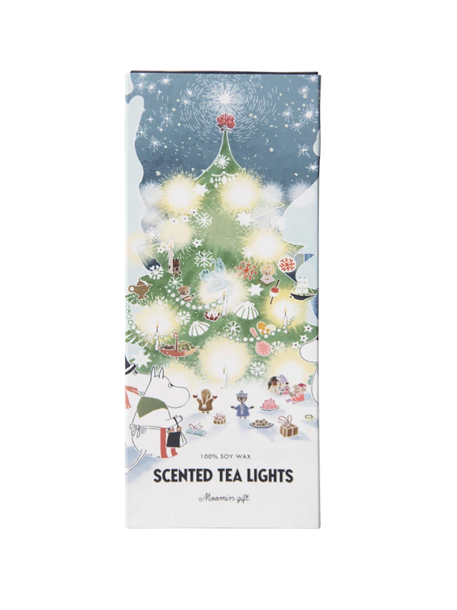 Duftende telys-gaveeske med vintermotiv og «Scented Tea Lights»-tekst