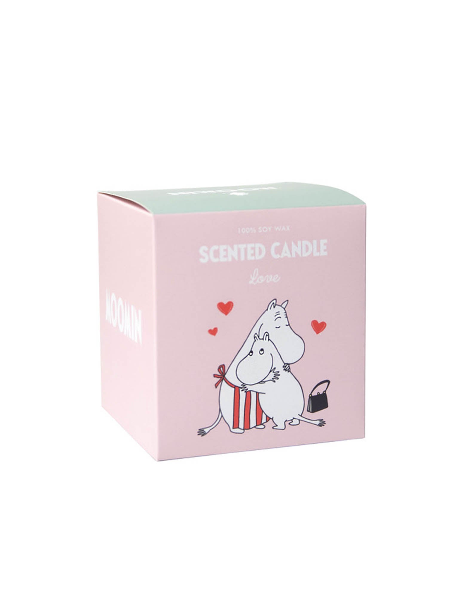 Moomin Love duftlys-emballasje: rosa eske med Moomin-illustrasjon