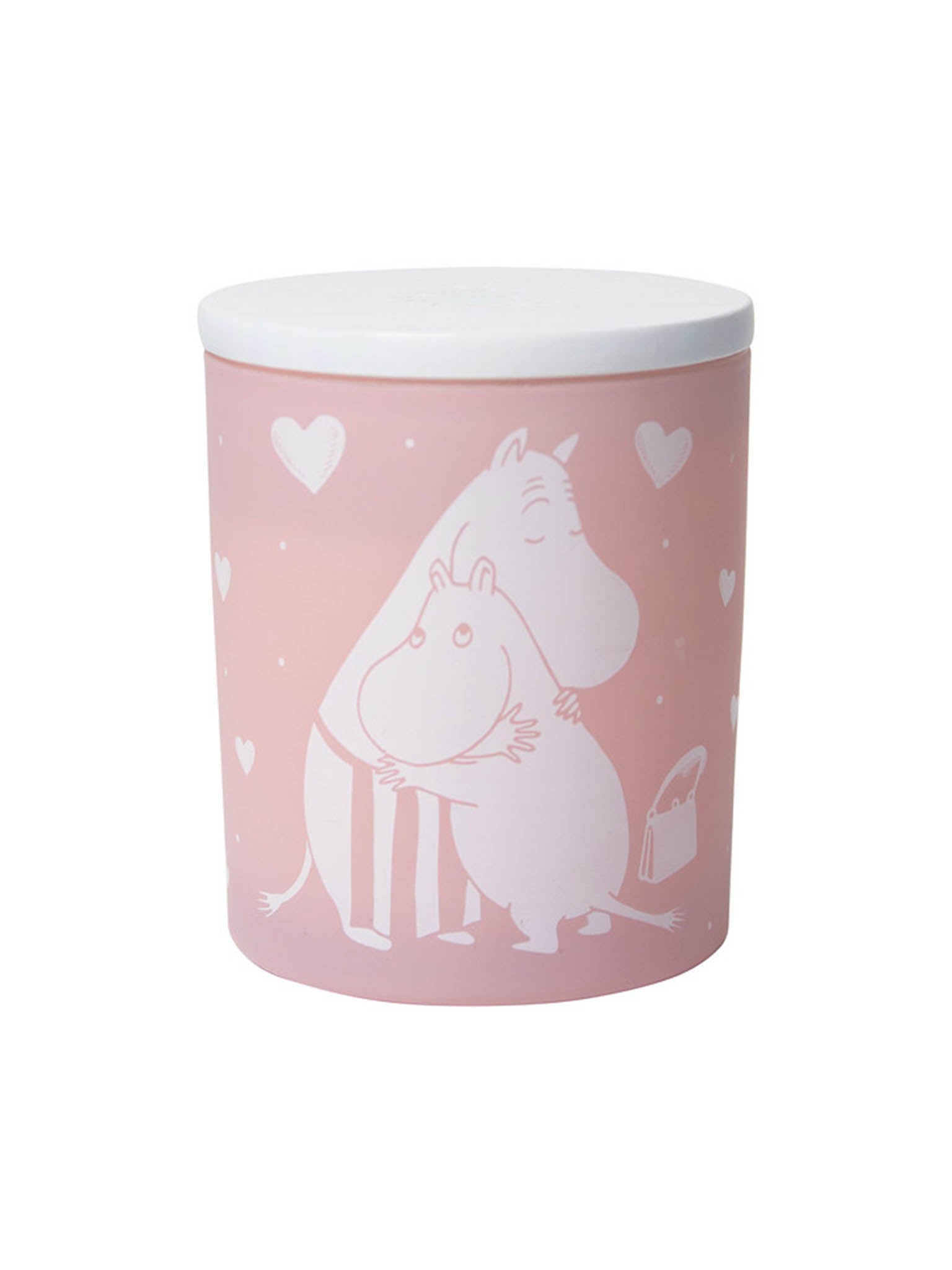 Rosa duftlys i glass med Moomin-figur og hjerter, hvit topp