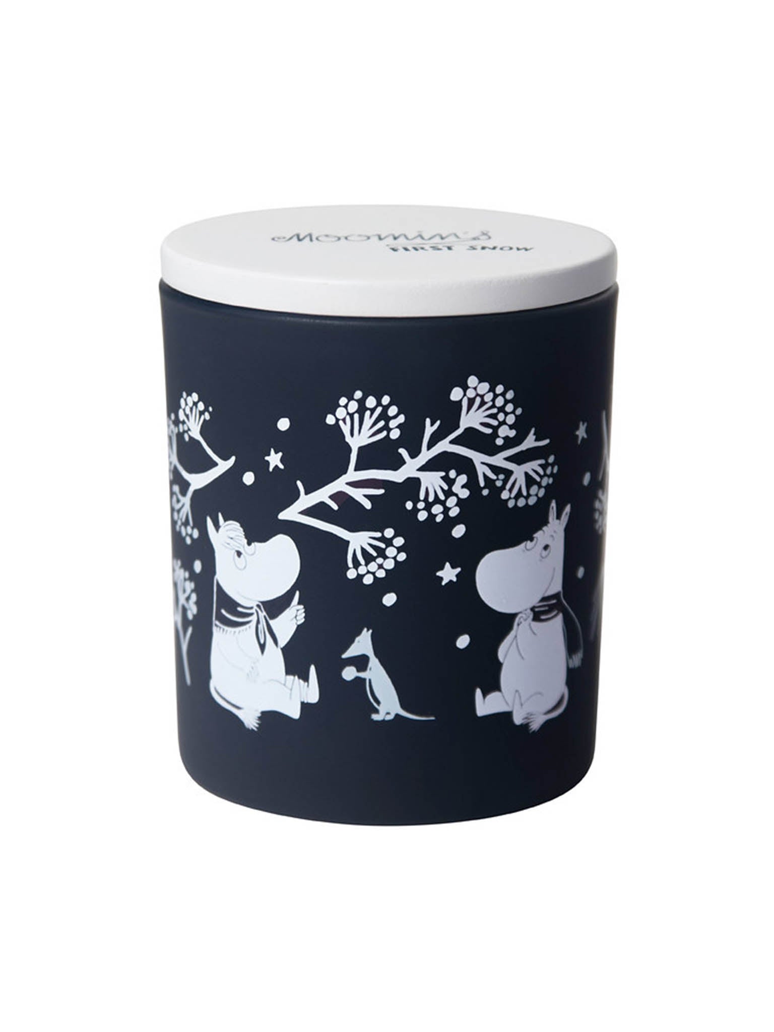 Duftlys MOOMIN First Snow: blå sylinder med hvite illustrationer og hvitt lokk