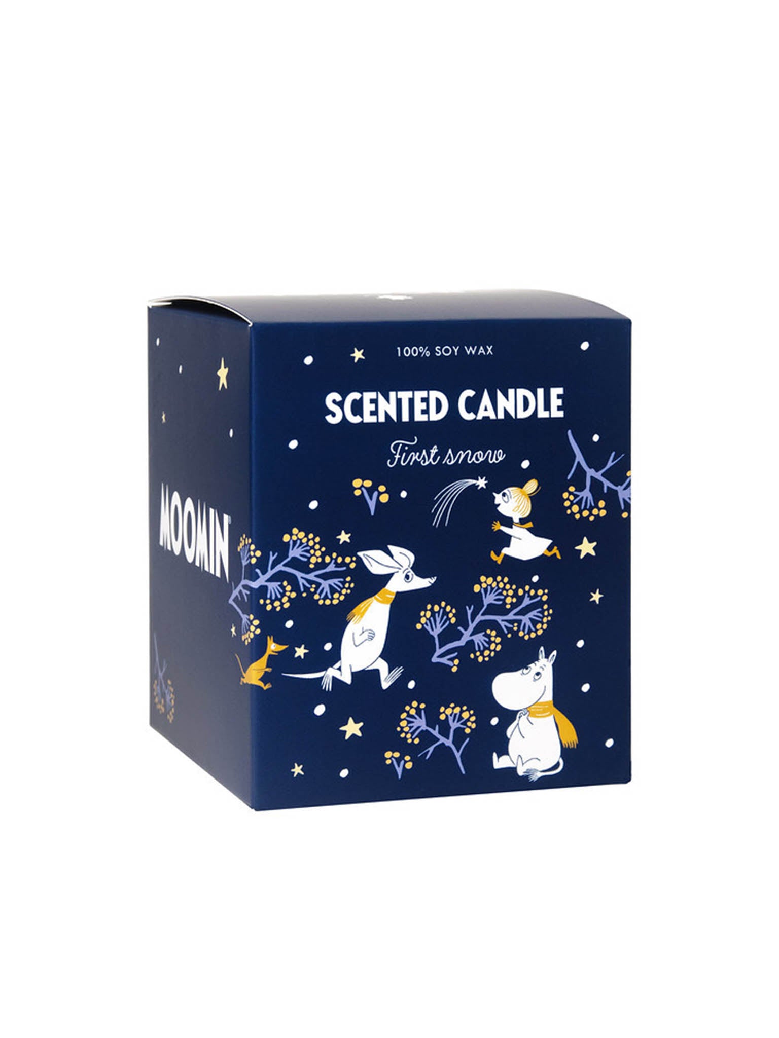 Duftlys-eske MOOMIN First Snow, blå med hvite og gule figurer og tekst