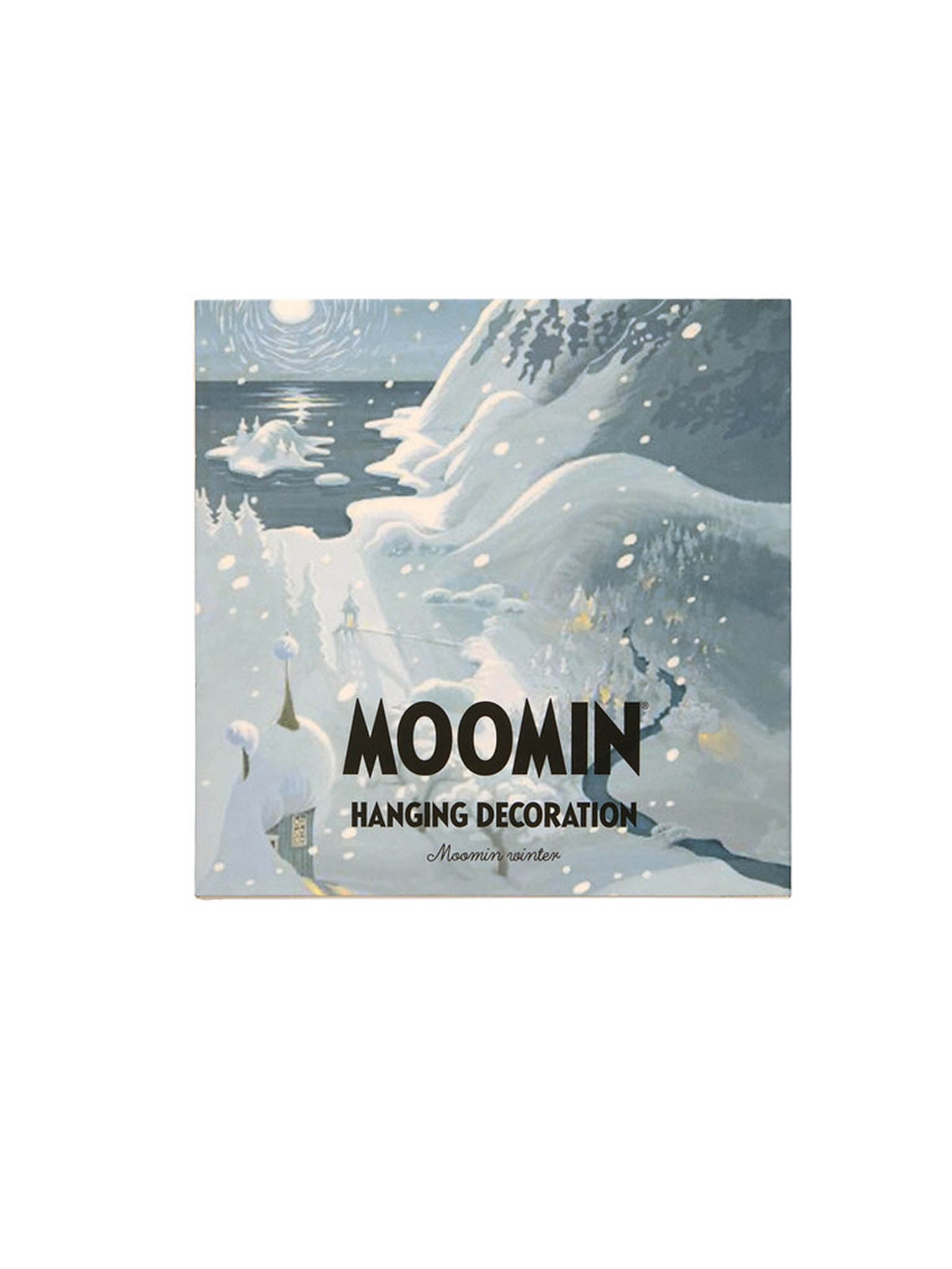 Moomin ripustuskoriste -pakkauslaatikko, talvimaisema ja teksti MOOMIN