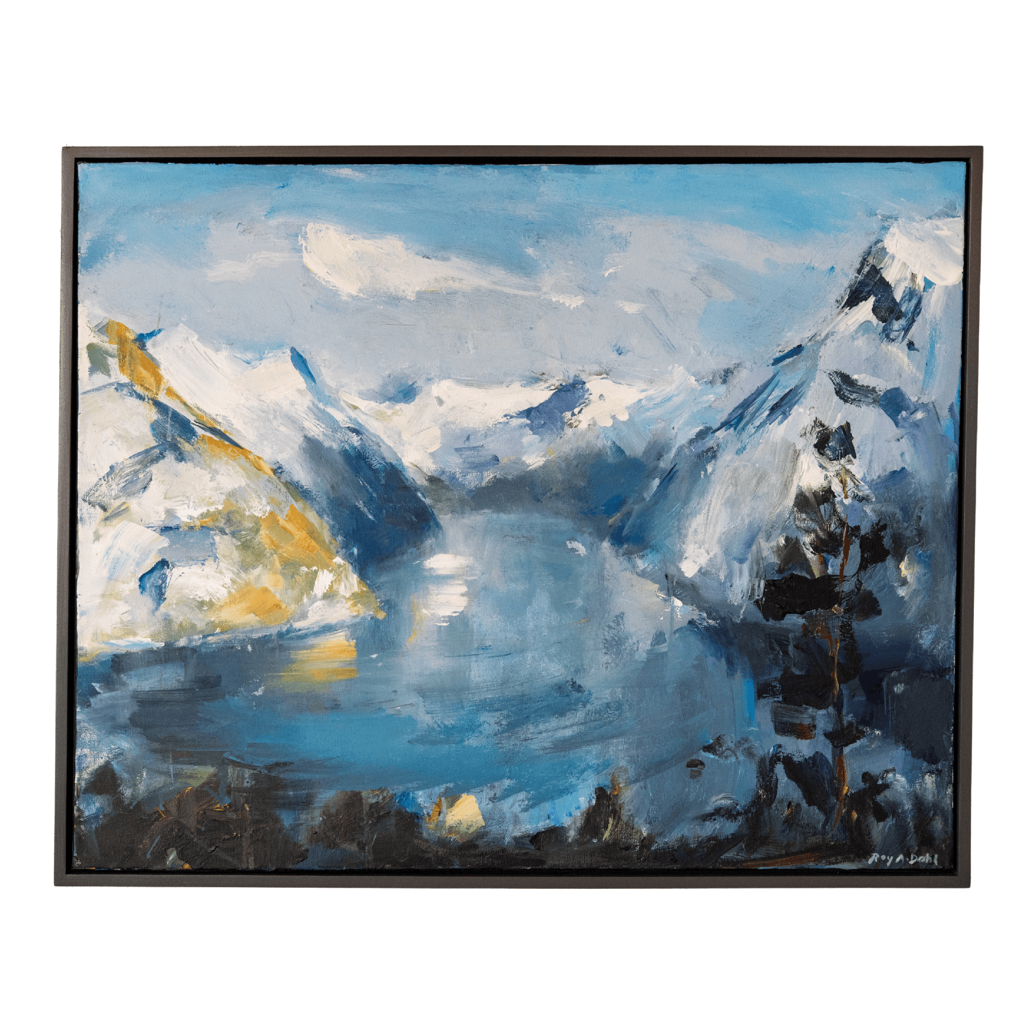 Inrammet kunsttrykk med abstrakt vinterfjord i blått og hvitt, fjell og snø