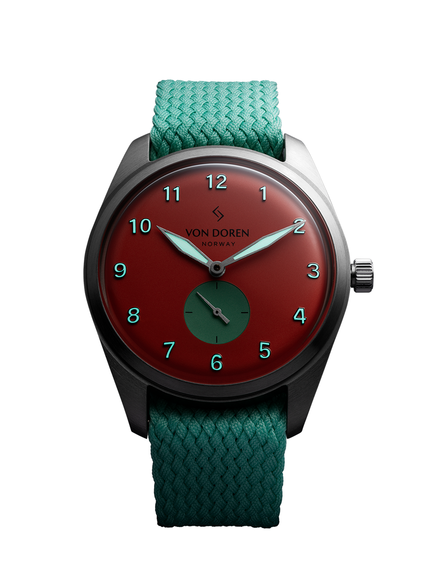 Rund candyklokke: sølvkasse, rød urskive og mintfarget tekstilreim