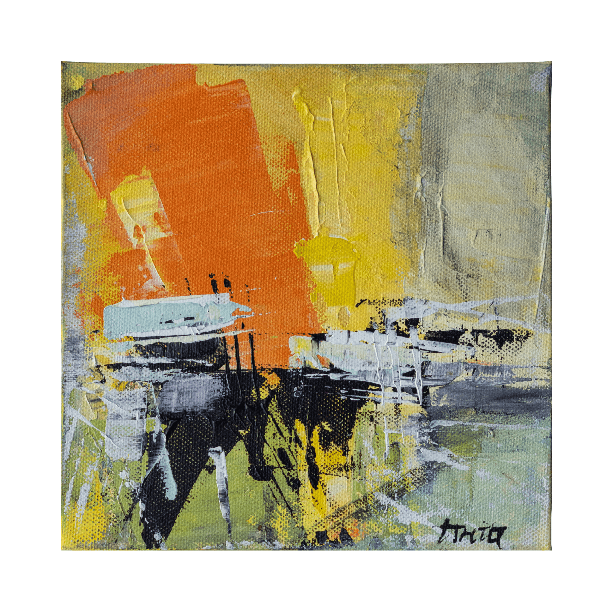 Abstrakt kunsttryk med gule og orange felter samt mørke striper